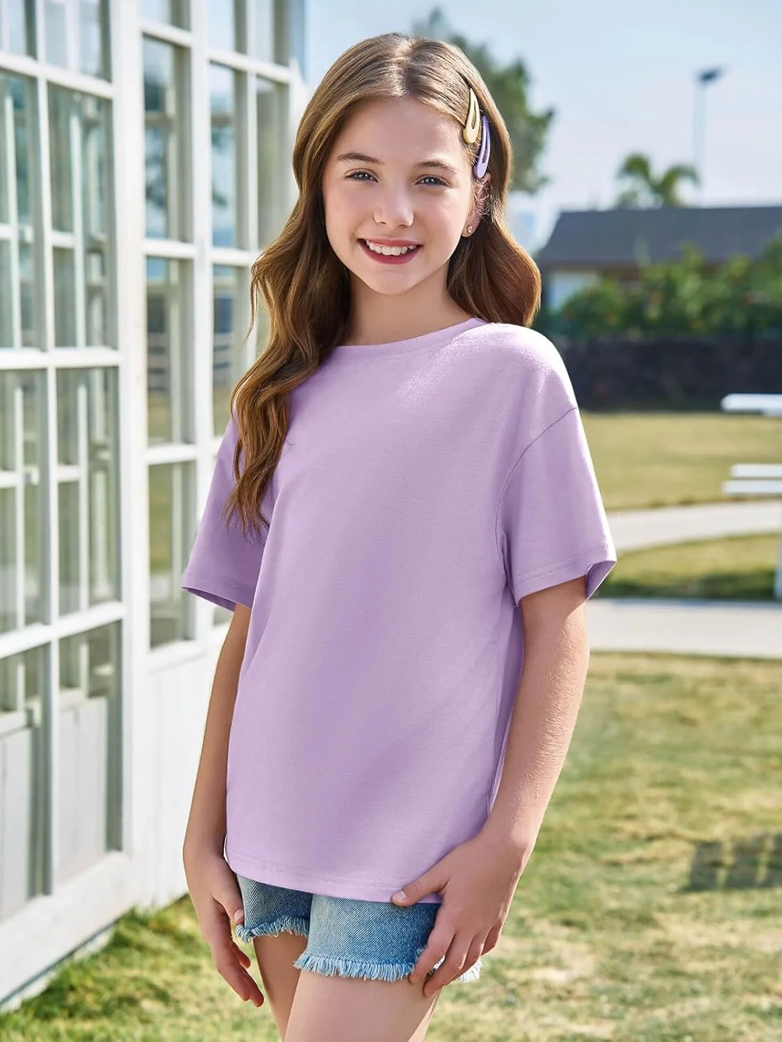تی‌شرت آستین کوتاه دخترانه Haloumoning، تاپ‌های گشاد تابستانی بچه‌گانه، تیشرت‌های یقه گرد ساده و روزمره 5-14 سال