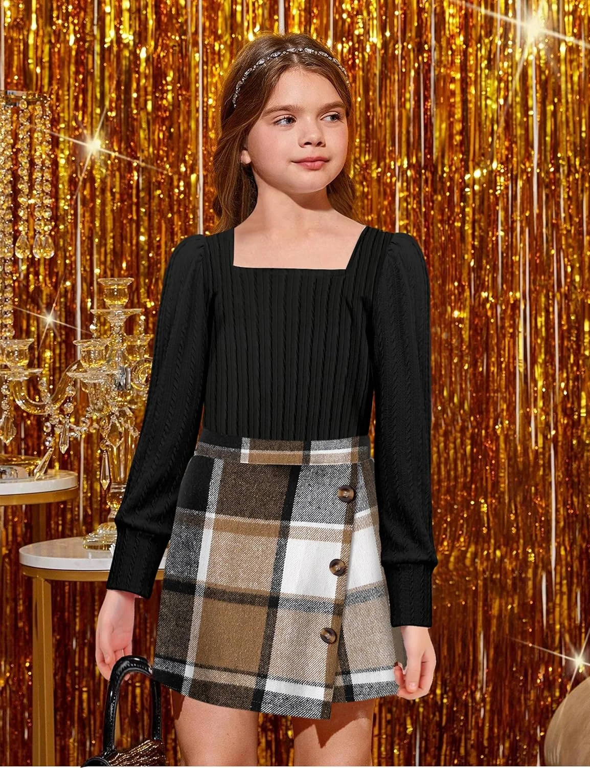 ست دامن دخترانه AGAPENG، ست 3 تکه، تاپ آستین پفی یقه مربعی ژاکارد، دامن کوتاه چهارخانه، لباس های پاییزی و زمستانی