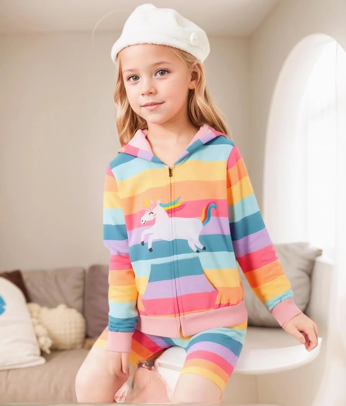 ژاکت هودی زیپ‌دار دخترانه طرح تک‌شاخ رنگین‌کمانی مناسب کودکان ۲ تا ۷ سال