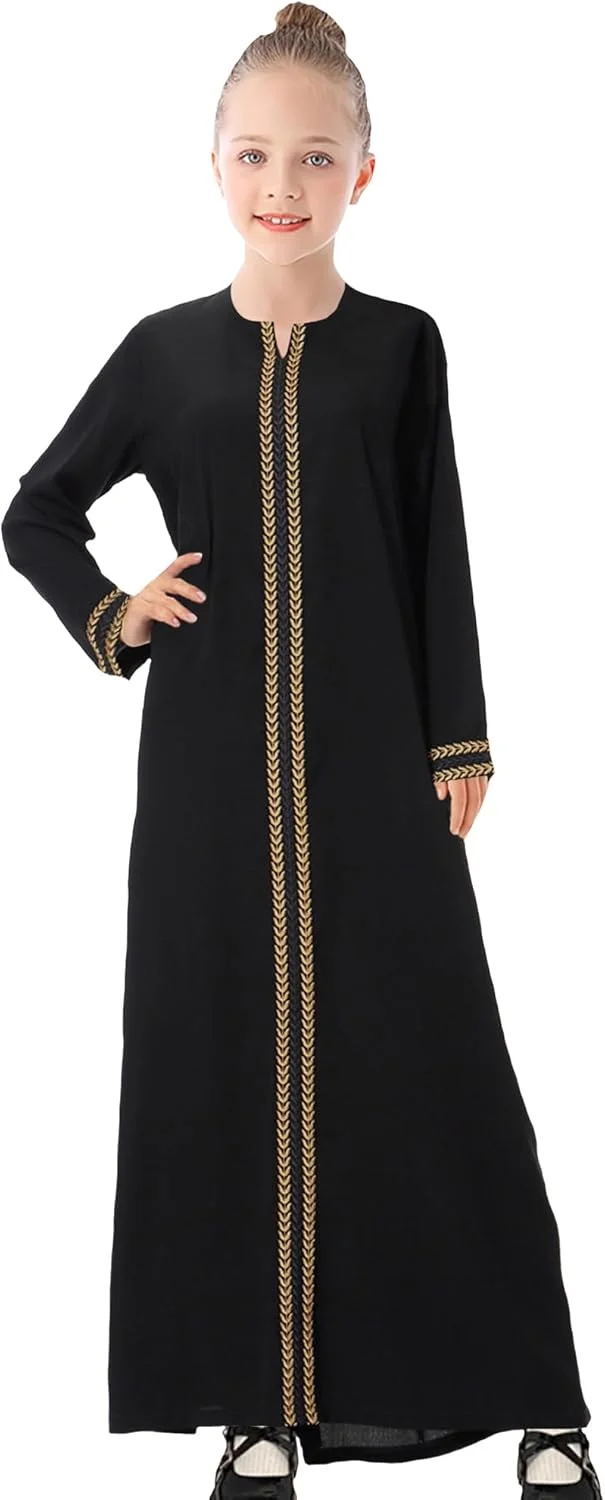 لباس عبا آستین بلند دخترانه مسلمان با گلدوزی طلایی مناسب عید و مراسم مذهبی