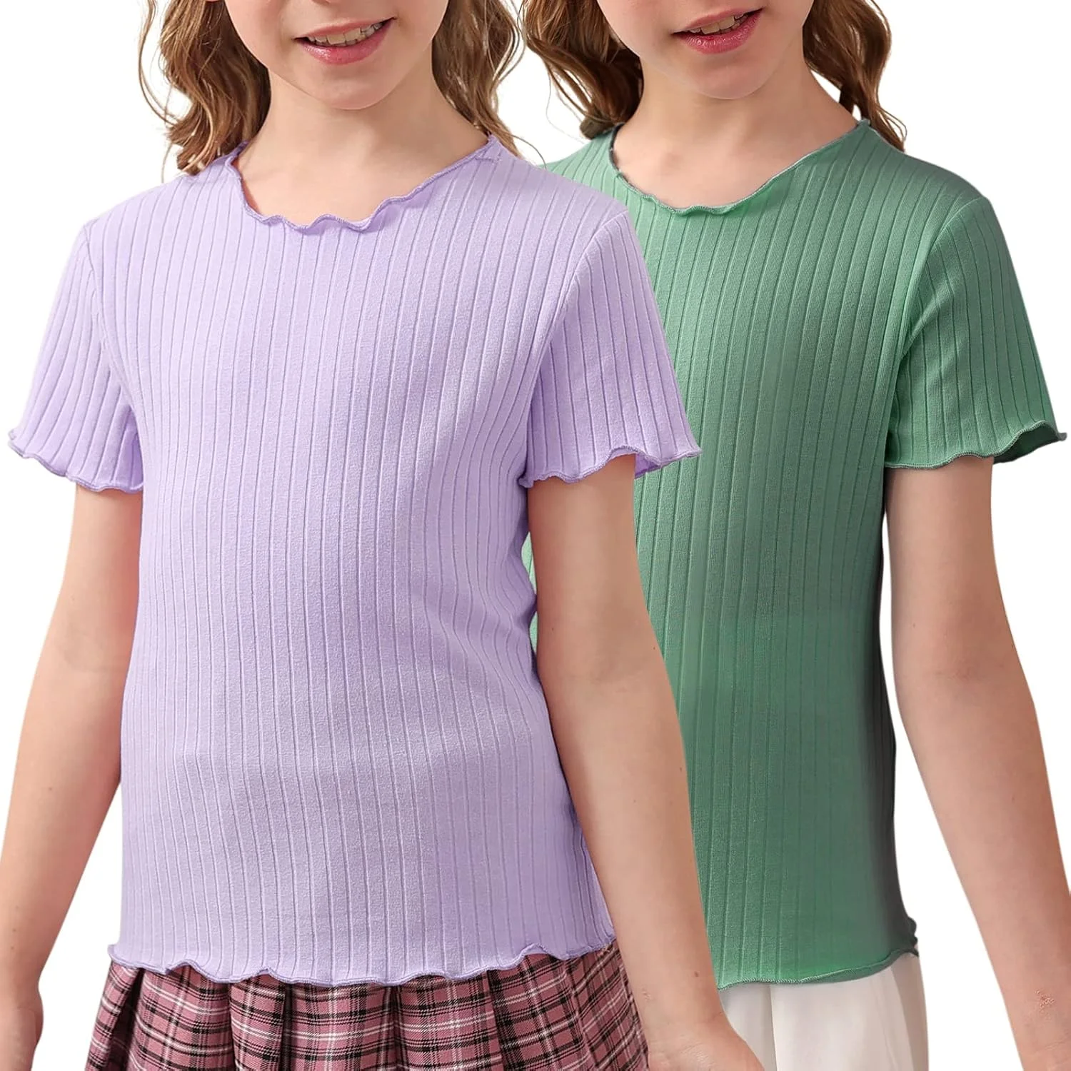 ست 2 عددی تیشرت دخترانه یقه گرد، آستین کوتاه، طرح ساده و بافتنی مناسب 4 تا 14 سال