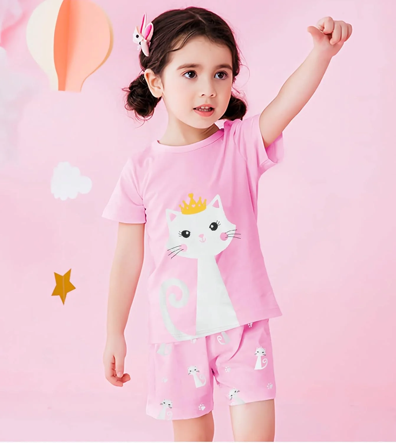 ست لباس خواب دخترانه بچه گانه، طرح های دایناسور، تک شاخ، گربه، لباس پنبه ای، سایز 2-7 سال