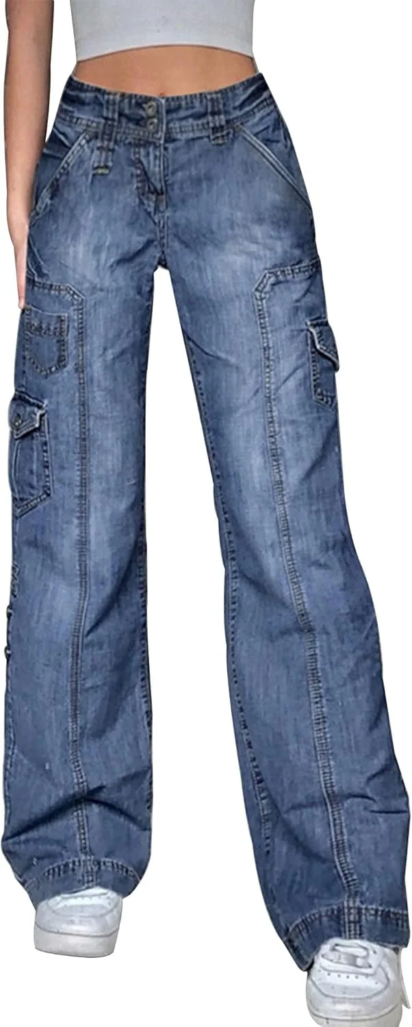 شلوار جین ستاره‌ای زنانه، جیب‌دار، پاچه گشاد، شلوار جین راسته زنانه Y2k، شلوار کژوال خیابانی