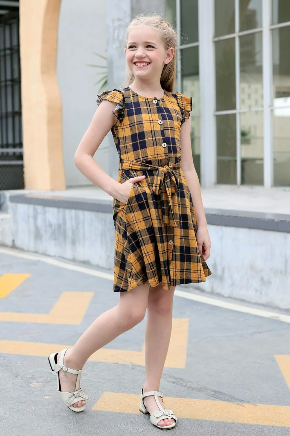 پیراهن میدی دخترانه GORLYA با آستین‌های چین‌دار و دکمه‌دار با طرح گل‌دار و جیب، مناسب برای کودکان 4 تا 12 سال