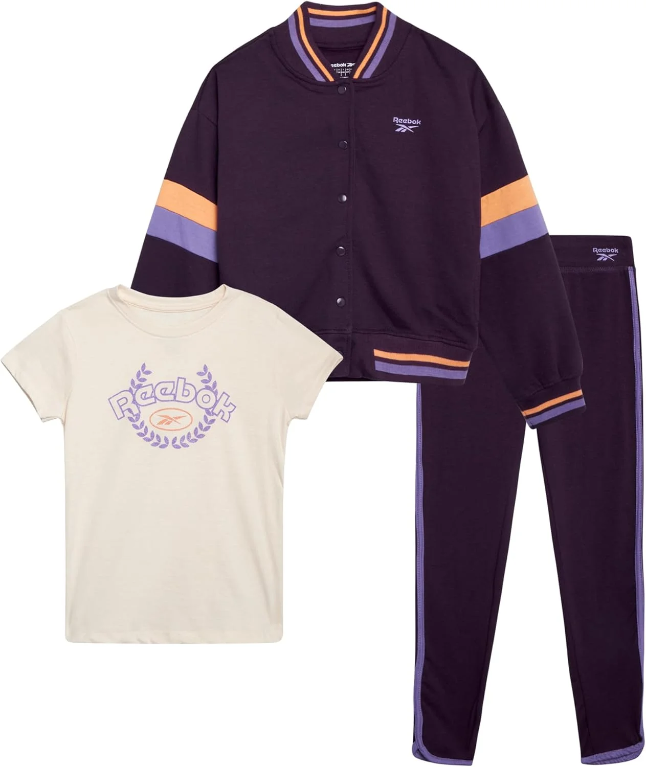 ست لباس ورزشی دخترانه ریباک - شامل تیشرت سه تکه، هودی پشمی و شلوار گرمکن