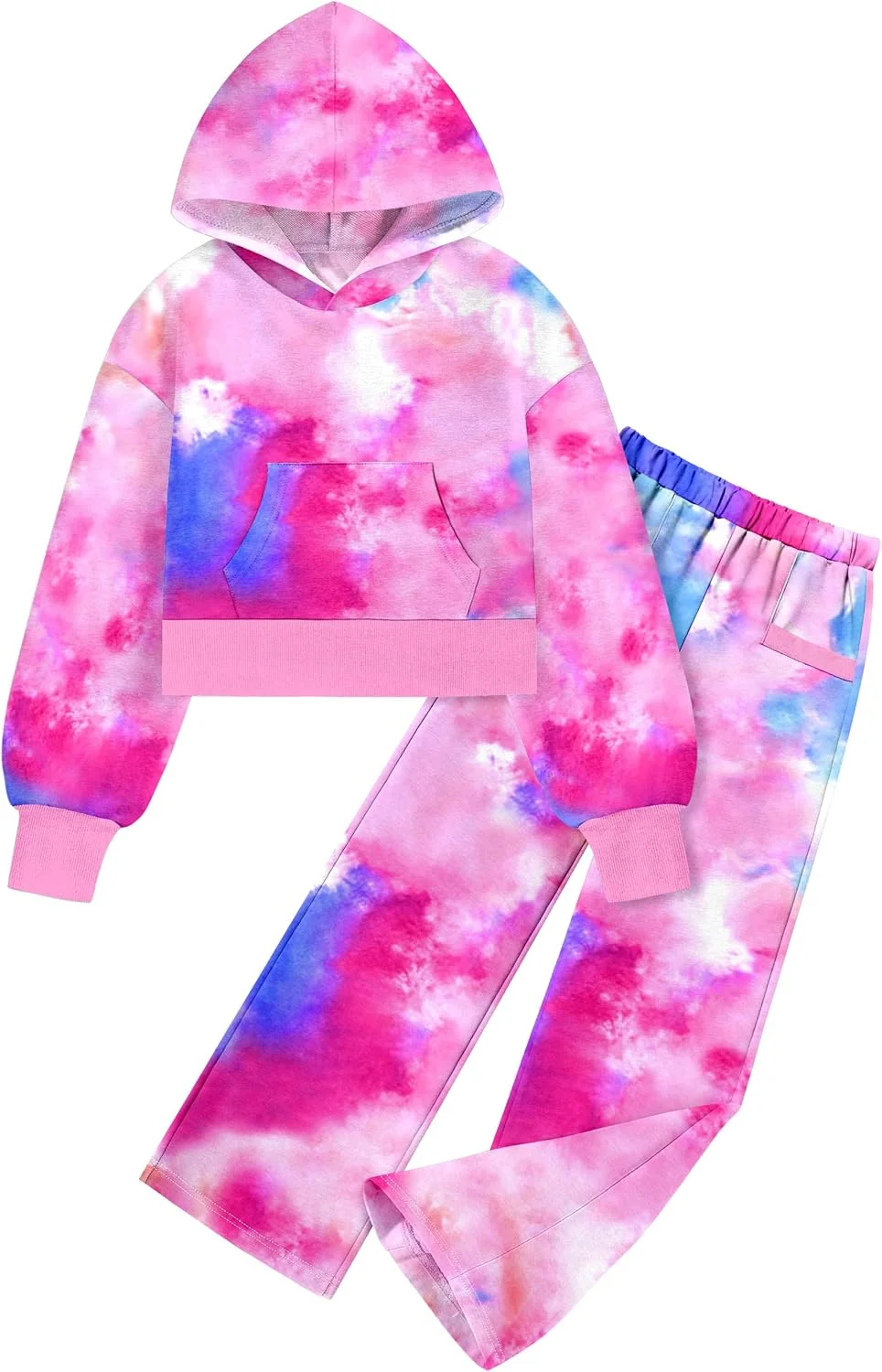 BAVADER ست لباس دخترانه شامل هودی نیم تنه و شلوار گرمکن راسته، مناسب پاییز و زمستان، سایز 6 تا 14 سال، طرح صورتی تای دای، سایز 11-12 سال