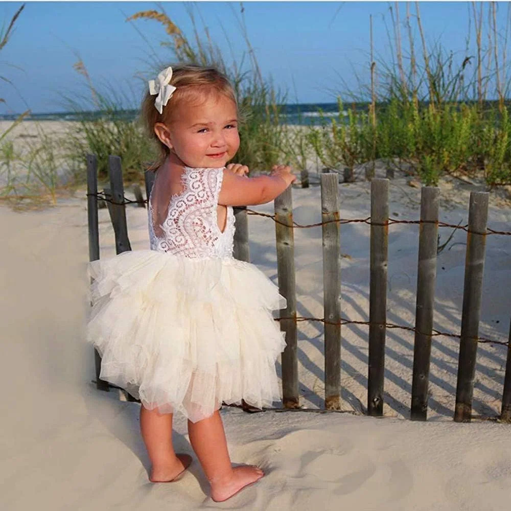 لباس دخترانه توری بدون پشت مدل A-line با تزیین گل