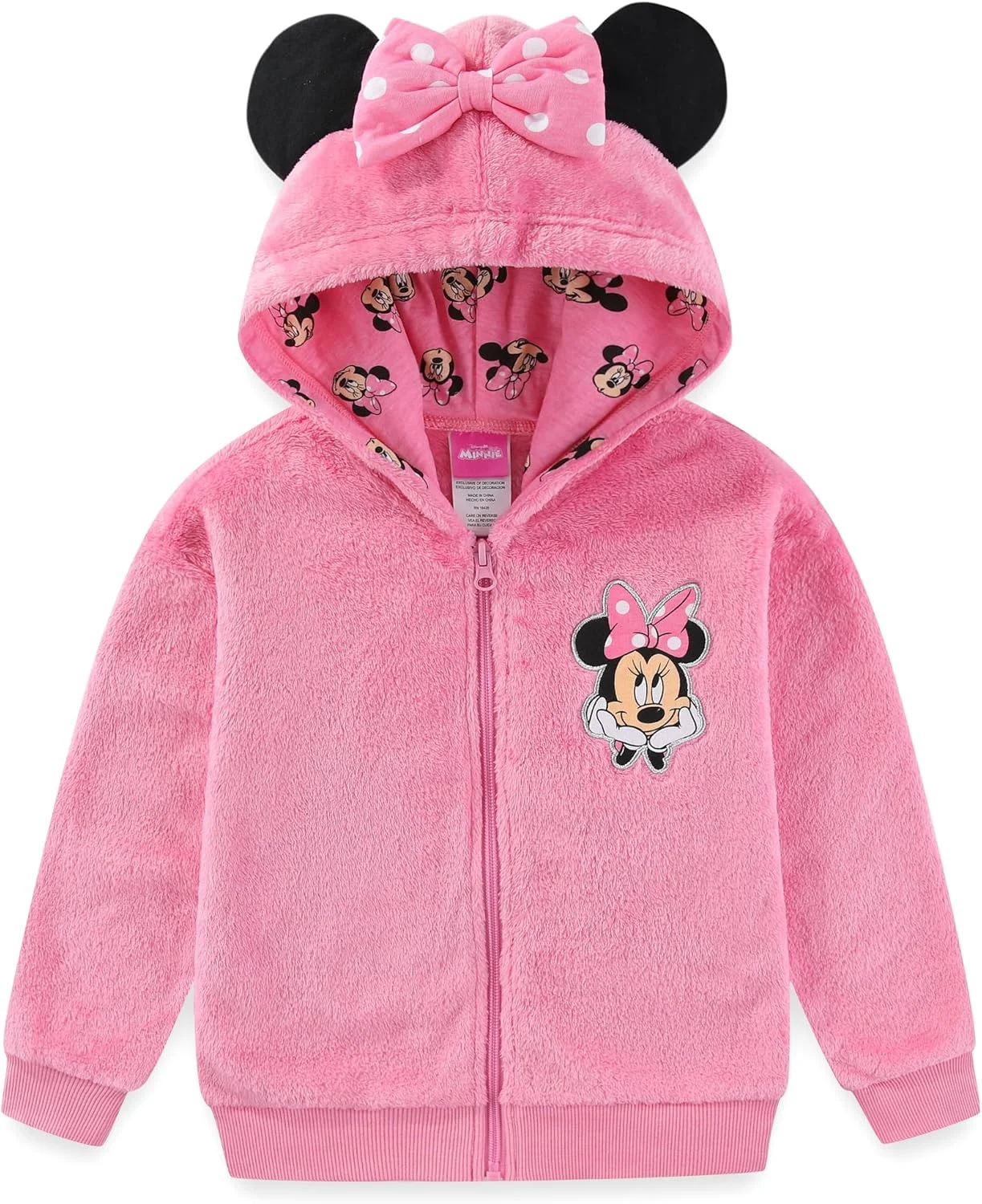 هودی پشمی دخترانه دیزنی مینی موس با زیپ، رنگ مرجانی، دارای پاپیون و گوش برای کودکان نوپا و بزرگ