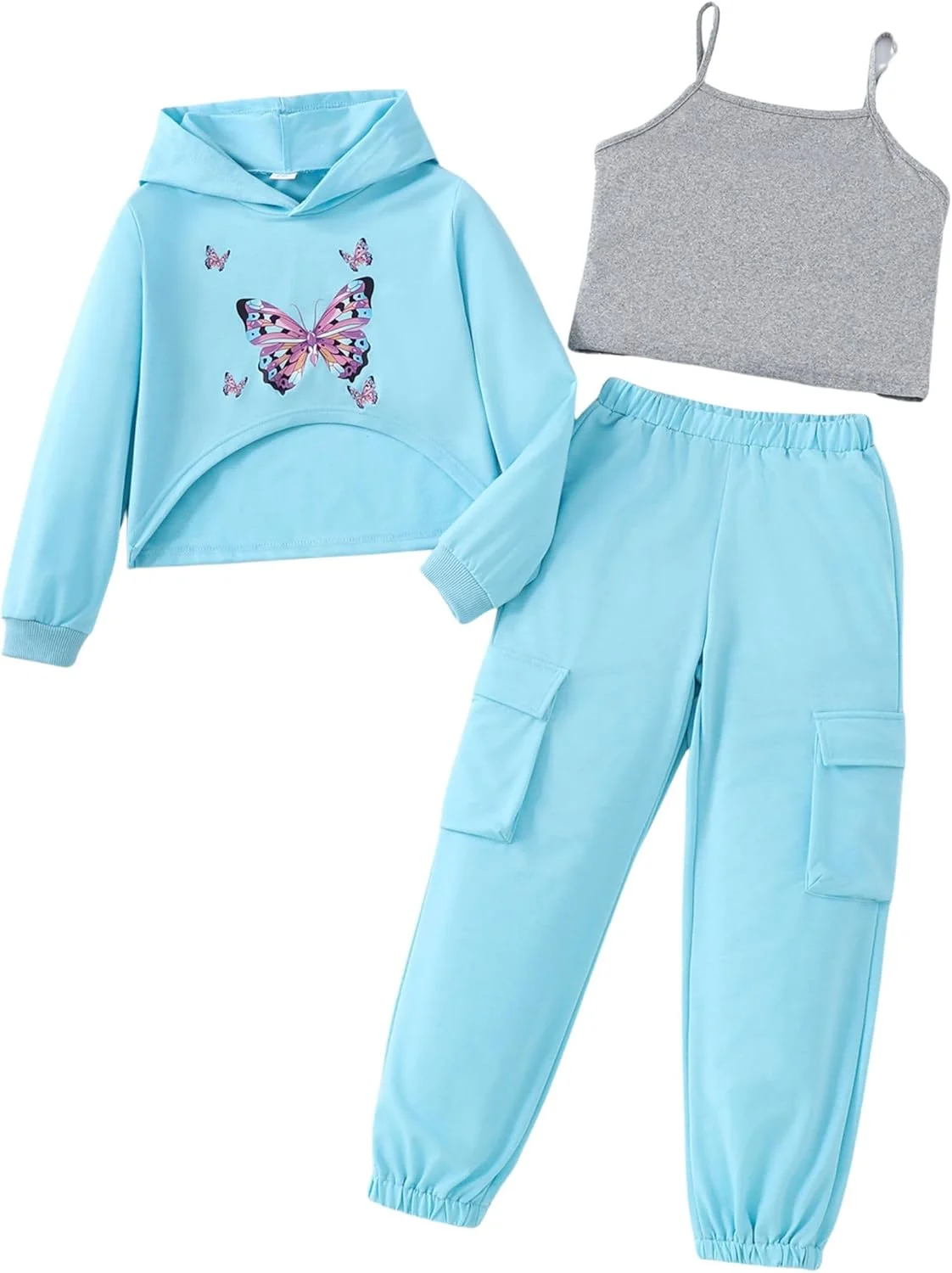 ست لباس ۳ تکه دخترانه شامل تاپ نیم تنه، شلوار گرمکن و هودی آستین بلند مناسب ۷ تا ۱۴ سال