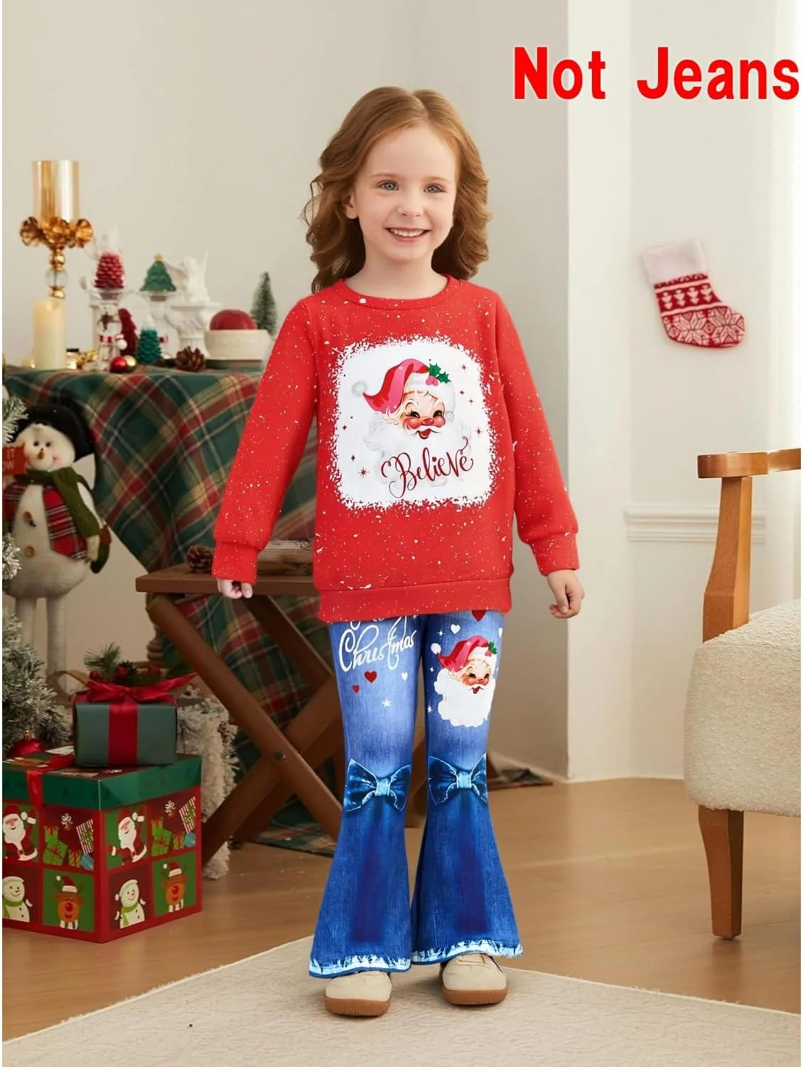 ست لباس دخترانه بچه گانه طرح کریسمس شامل سویشرت طرح بابانوئل و شلوار دمپا گشاد مناسب فصل پاییز و زمستان