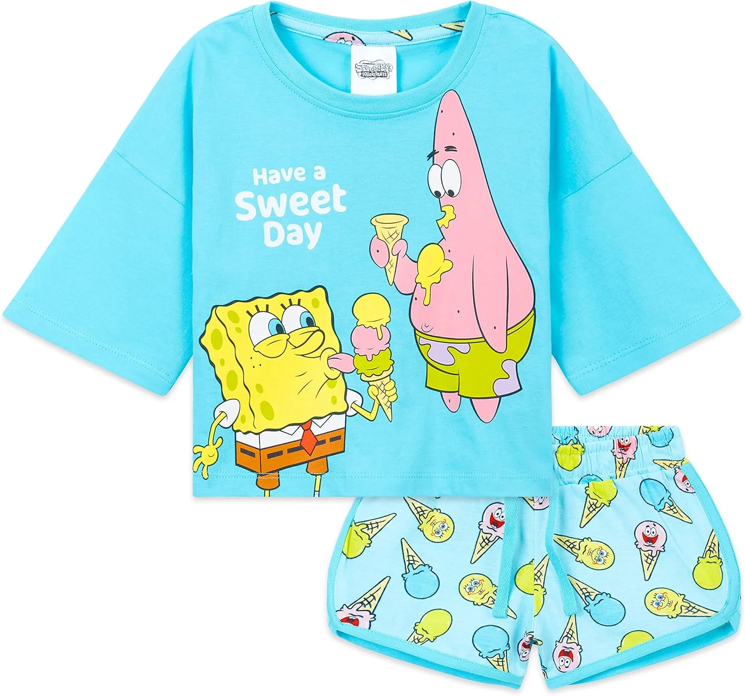 لباس خواب دخترانه باب اسفنجی، تیشرت آستین کوتاه و شلوارک نخی، مناسب فصول گرم، نرم و راحت، سایز 3 تا 14 سال، هدیه ای برای دختران