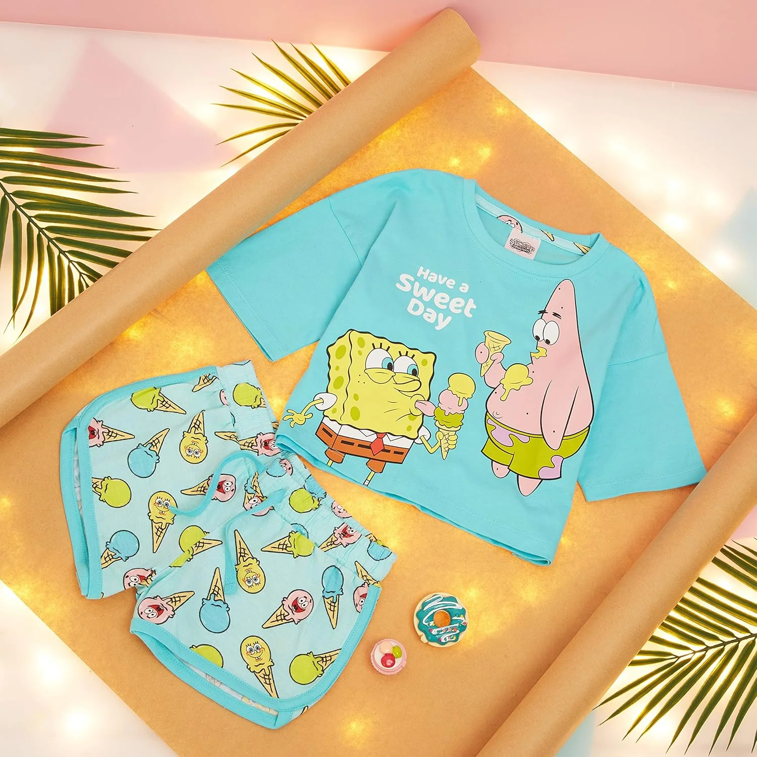 لباس خواب دخترانه باب اسفنجی، تیشرت آستین کوتاه و شلوارک نخی، مناسب فصول گرم، نرم و راحت، سایز 3 تا 14 سال، هدیه ای برای دختران