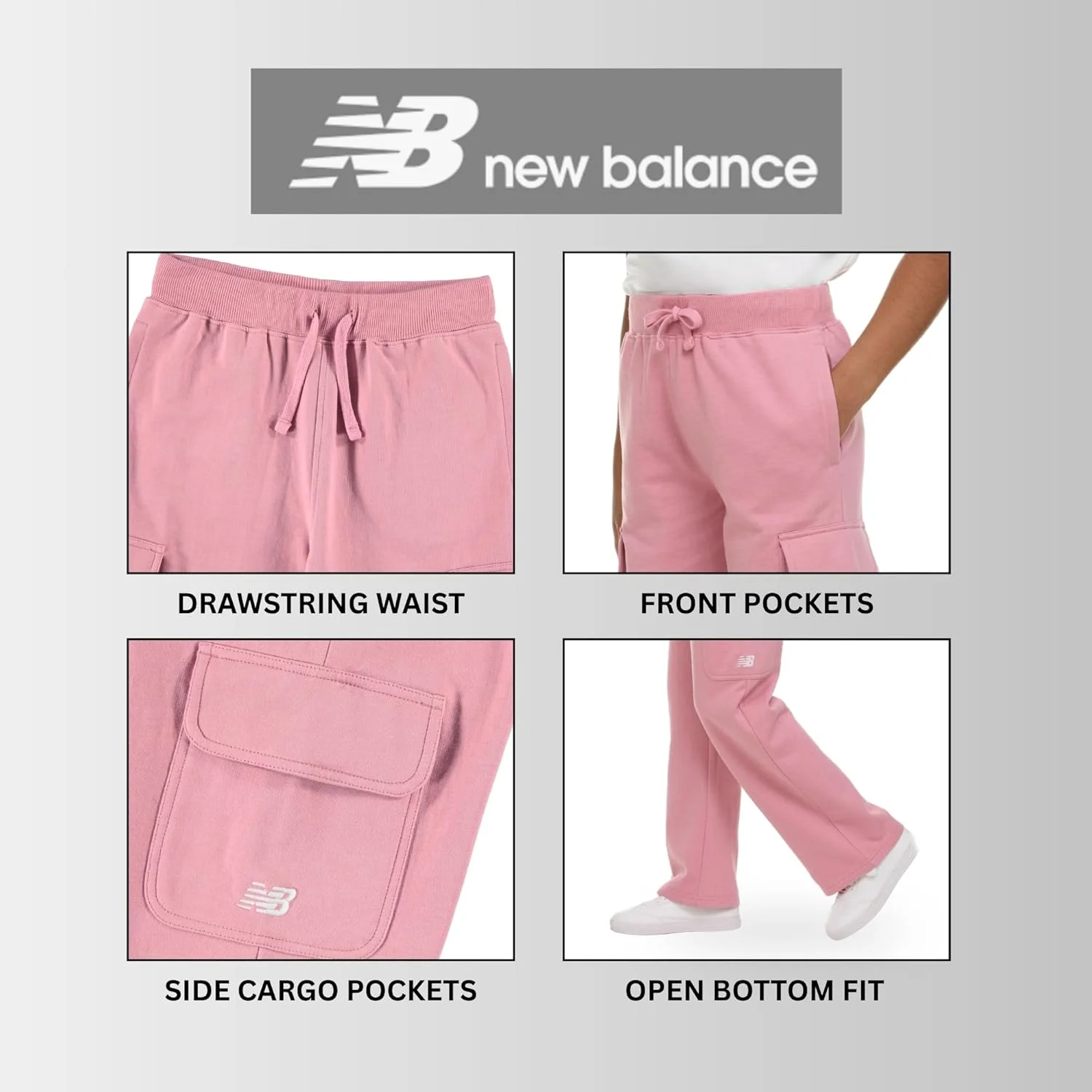 شلوار گرمکن دخترانه نیو بالانس مدل کارگو – ترکیب پنبه‌ای نرم و پشمی، مدل کشی با پاچه گشاد و دمپا باز و بند دار، سایز 4 تا 16