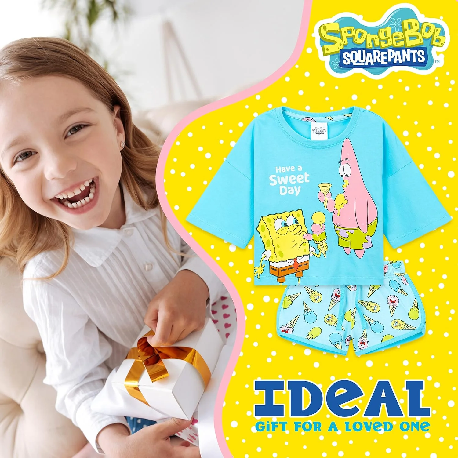 لباس خواب دخترانه باب اسفنجی، تیشرت آستین کوتاه و شلوارک نخی، مناسب فصول گرم، نرم و راحت، سایز 3 تا 14 سال، هدیه ای برای دختران