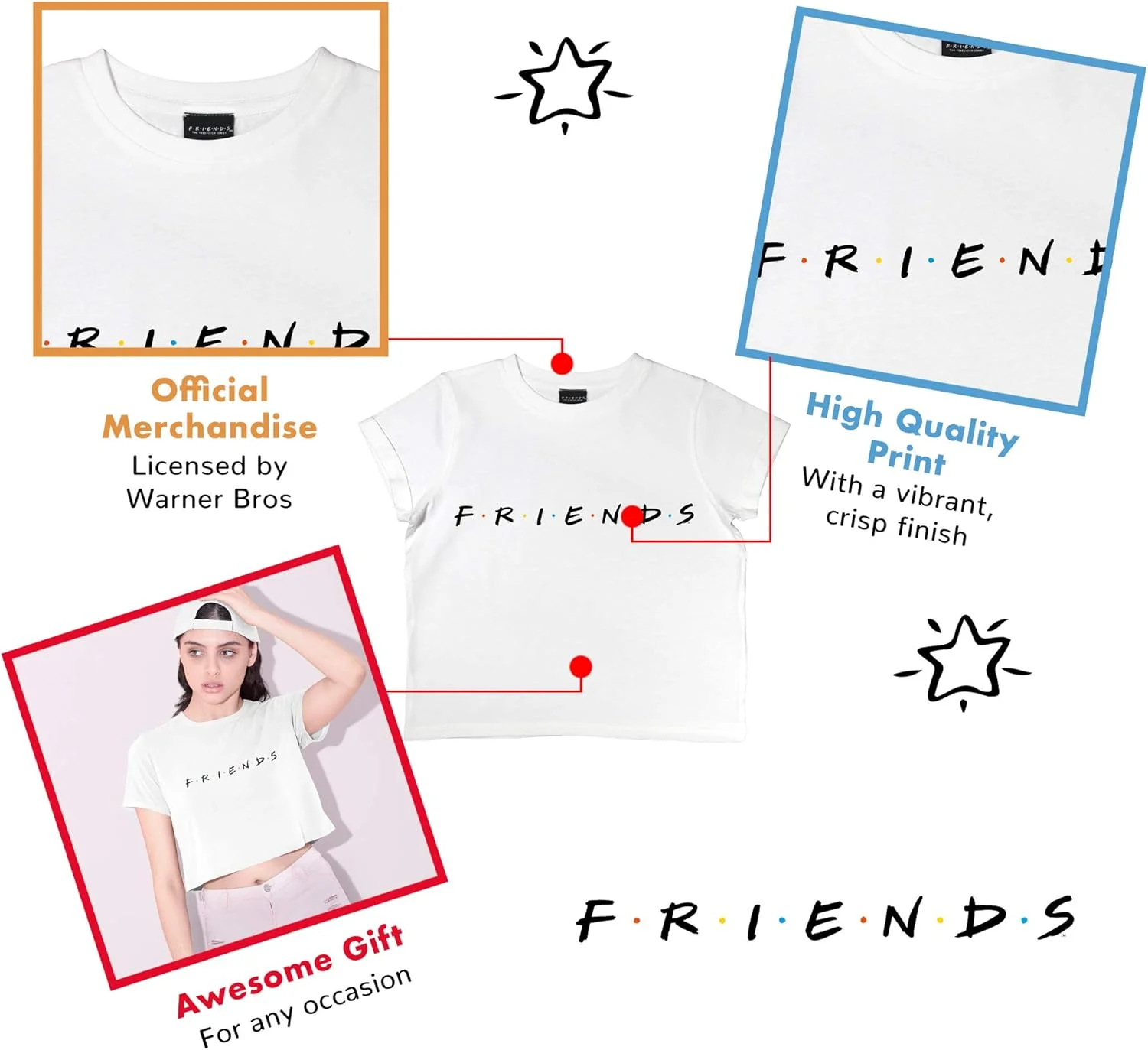 تی شرت نیم تنه دخترانه با لوگوی متن سریال فرندز، سفید (تک عددی)
