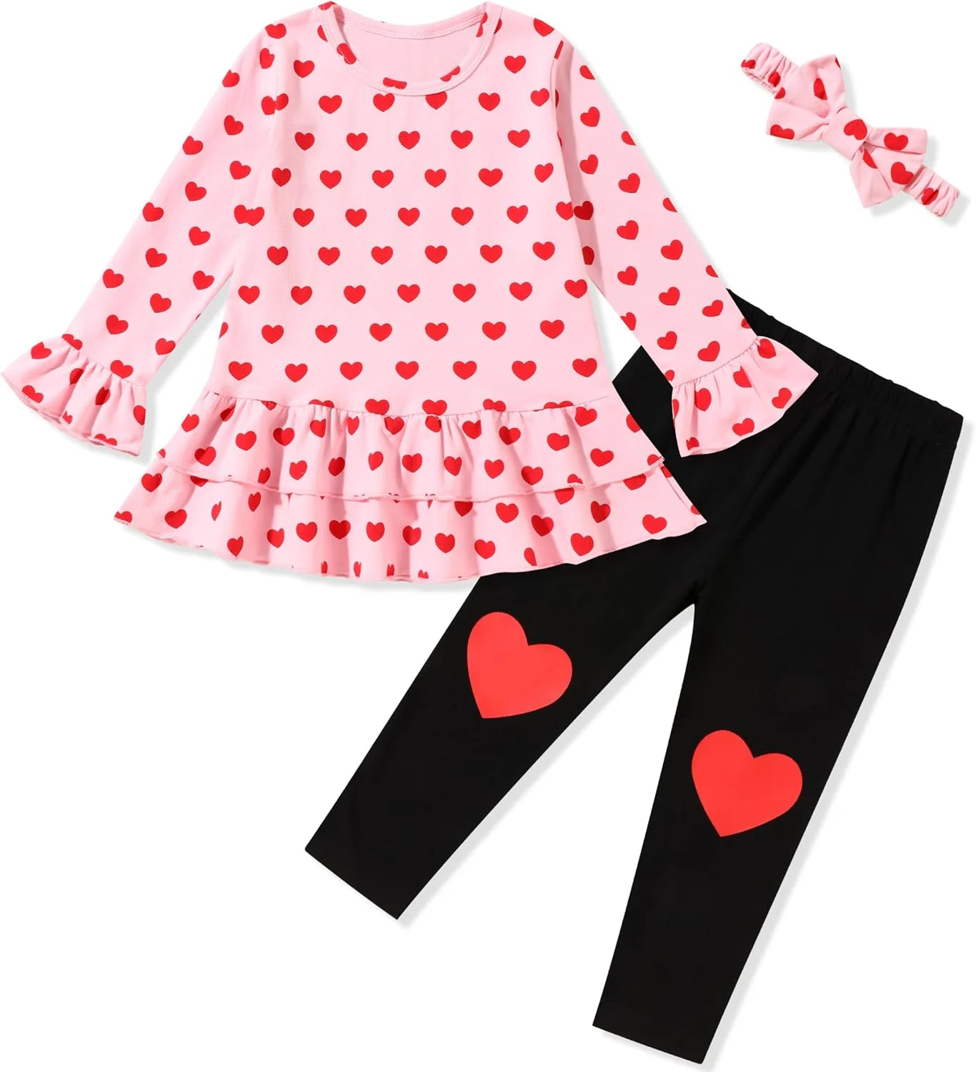 ست لباس دخترانه شامل تاپ قلبی، شلوار لگینگ و هدبند قلبی - مناسب 18 ماه تا 6 سال