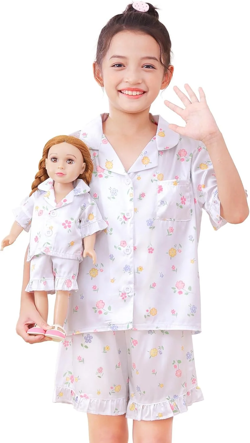 ست لباس خواب ساتن دخترانه و عروسک ایکوزی، تاپ دکمه دار و شورت، مناسب برای عروسک های 18 اینچی