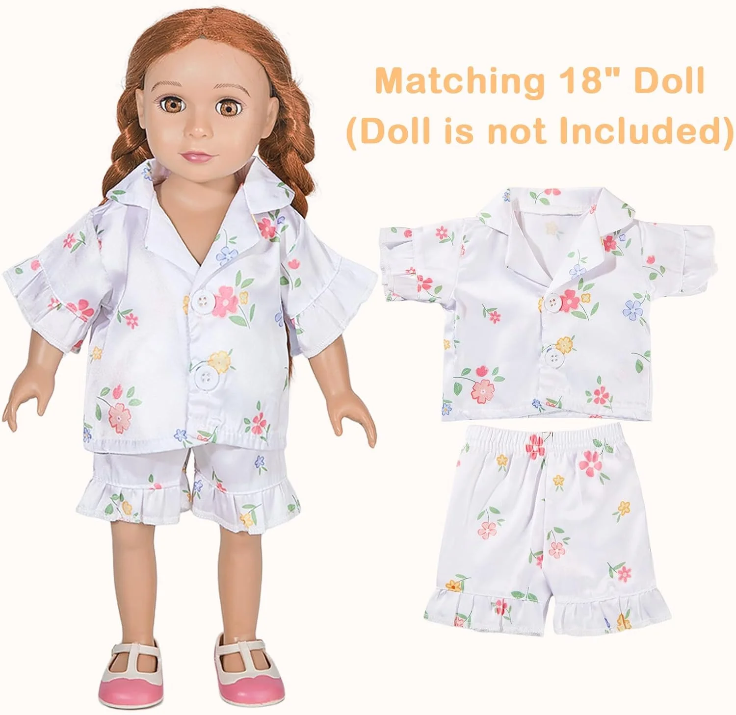 ست لباس خواب ساتن دخترانه و عروسک ایکوزی، تاپ دکمه دار و شورت، مناسب برای عروسک های 18 اینچی ست لباس خواب ساتن دخترانه و عروسک ایکوزی، تاپ دکمه دار و شورت، مناسب برای عروسک های 18 اینچی