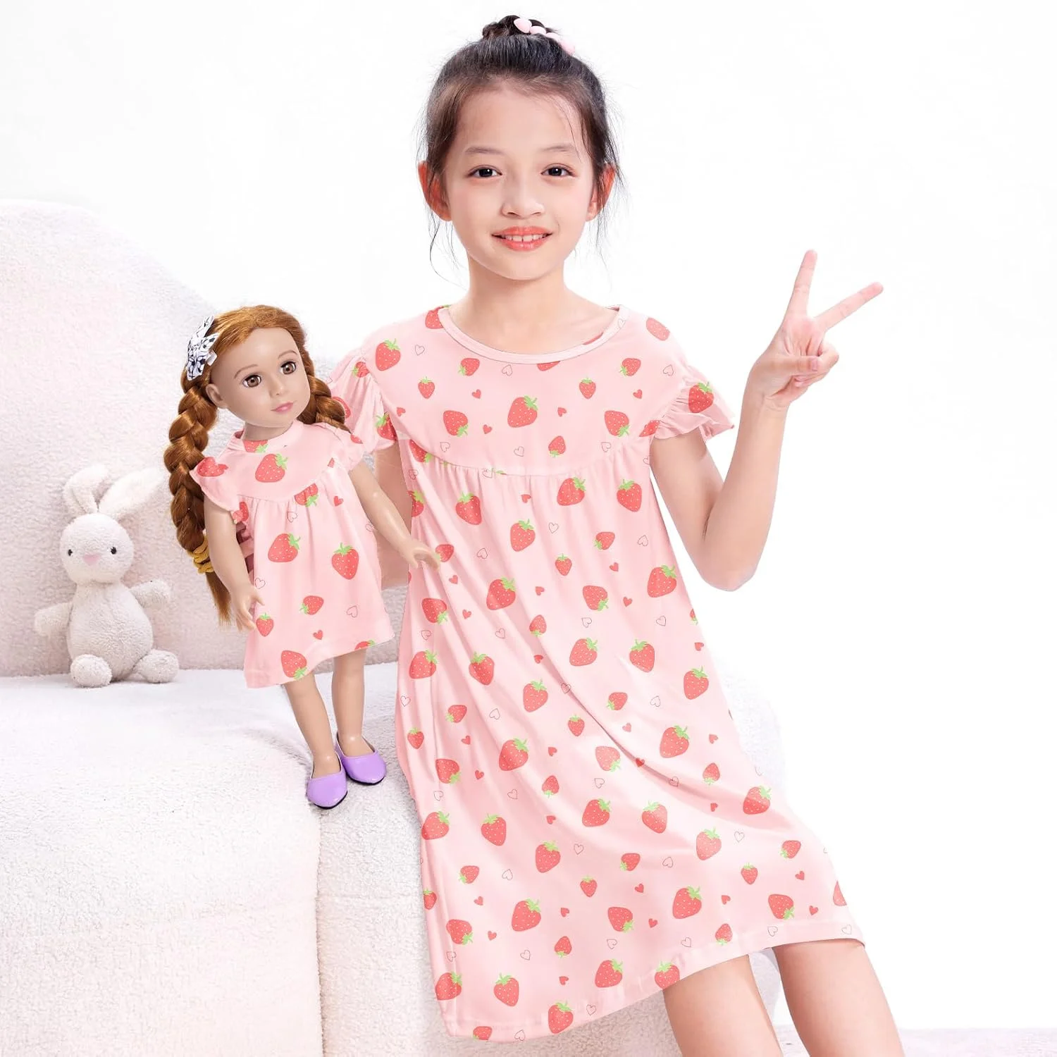 لباس خواب ست عروسکی و دخترانه ICOSY، لباس خواب دخترانه برای کودکان و عروسک 18 اینچی، صورتی، 9-10 سال
