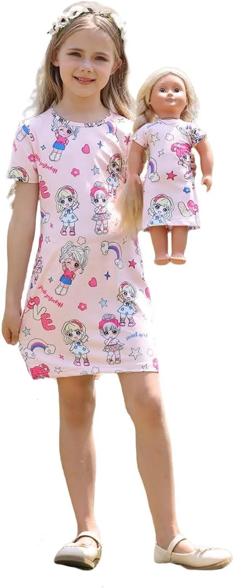 ست لباس دخترانه و عروسکی Bow Dream، پیراهن آستین کوتاه صورتی