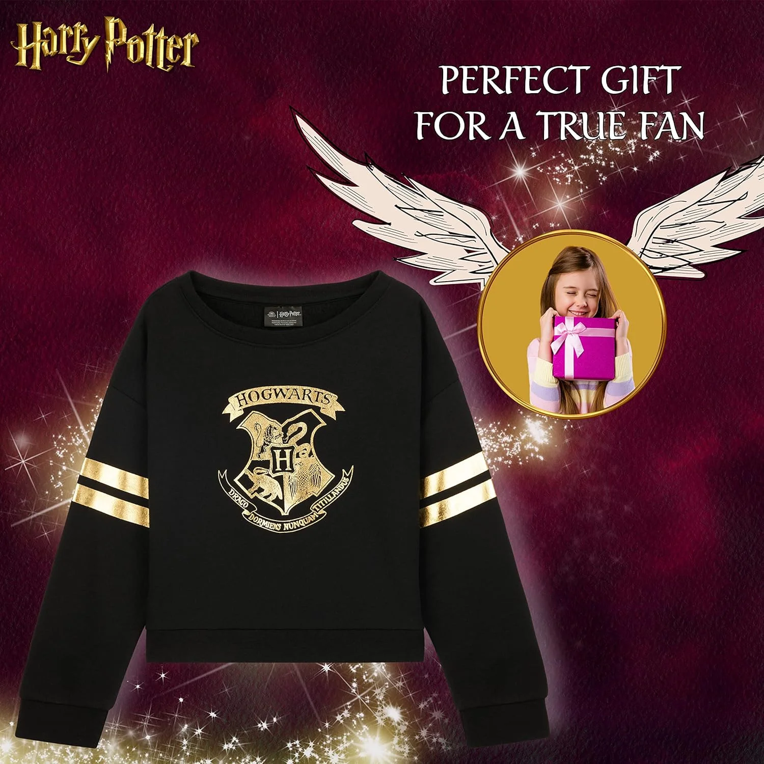 هودی دخترانه نرم هاگوارتز مشکی/طلایی/قرمز زیپ دار، مناسب دختران 5 تا 14 سال، هدیه برای دختران
