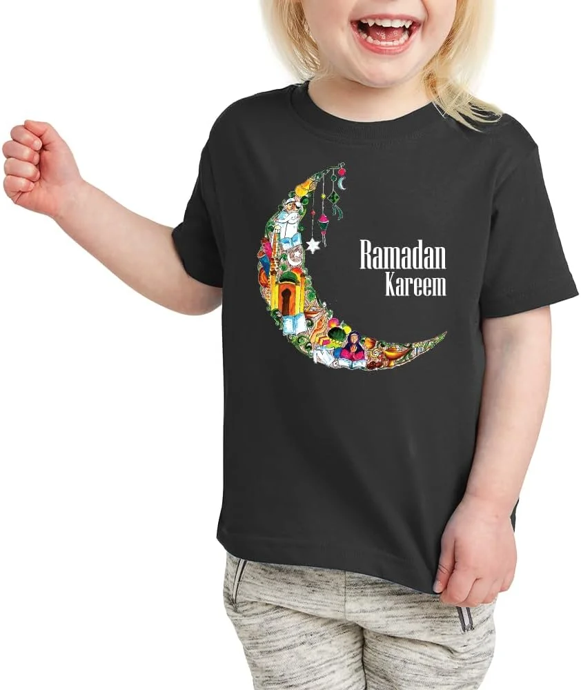 تی شرت نخی دخترانه رمضان کریم - آستین کوتاه یقه گرد - هدیه ای عالی برای رمضان کودکان