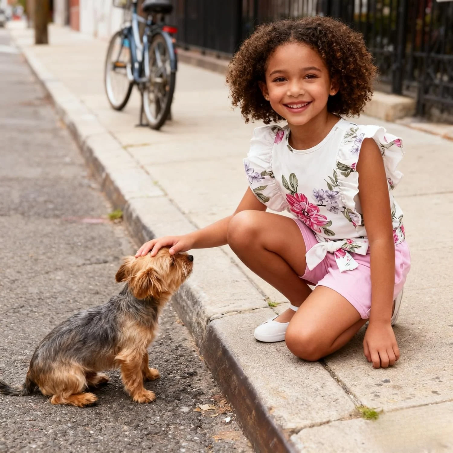 لباس دخترانه بچه گانه 3-8 سال، شامل تیشرت آستین کوتاه طرح گلدار و شورت تابستانی با کمربند