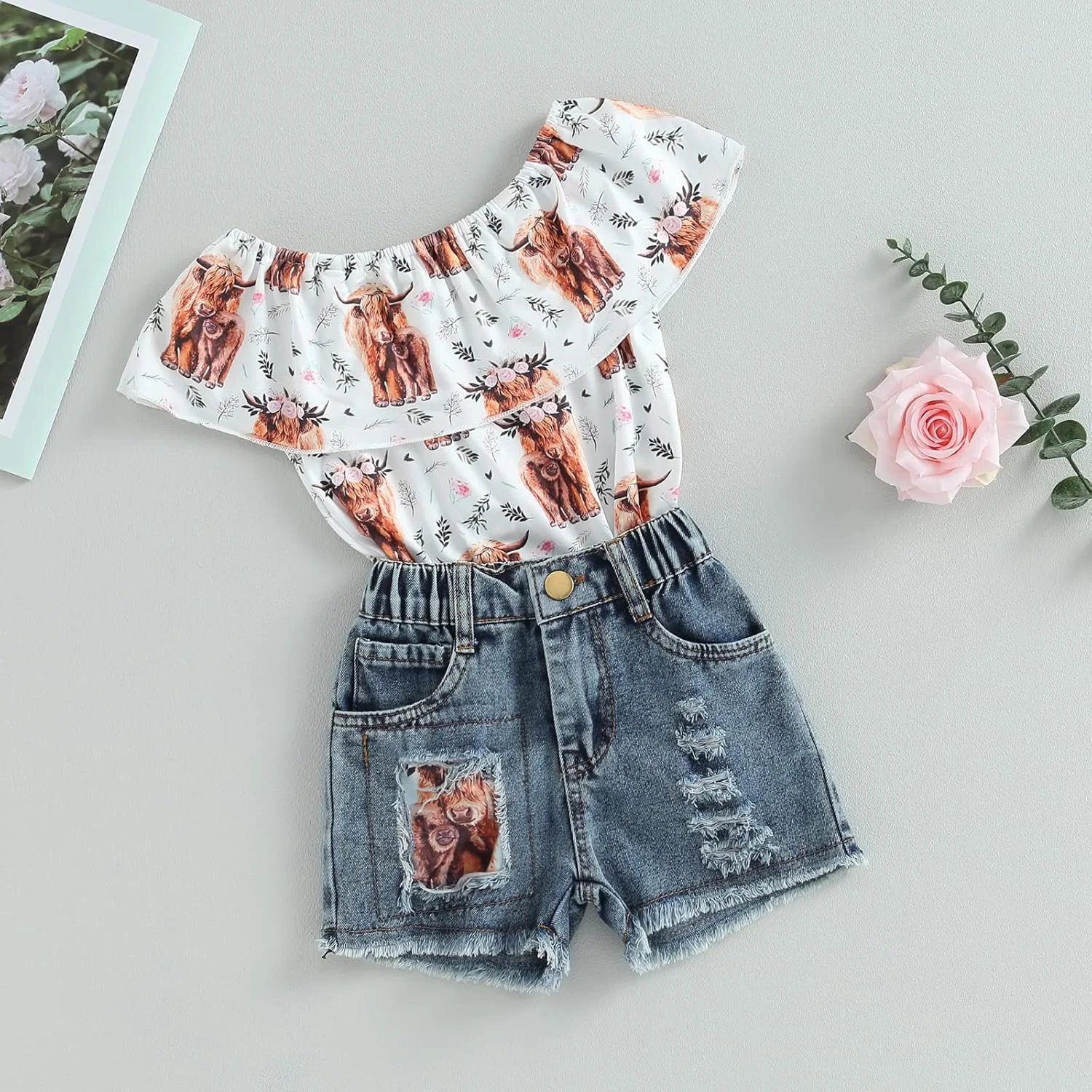 ست لباس تابستانی دخترانه Ledy Champswiin، تی‌شرت گل‌دار + شلوارک جین، مناسب سایزهای ۱ تا ۶ سال