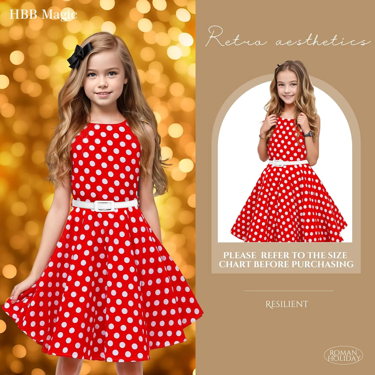 پیراهن دخترانه HB HBB MAGIC، مدل قدیمی، مناسب دهه 50، دامن چرخشی، لباس مجلسی، سایز 6-14، بدون آستین، لباس بچه گانه