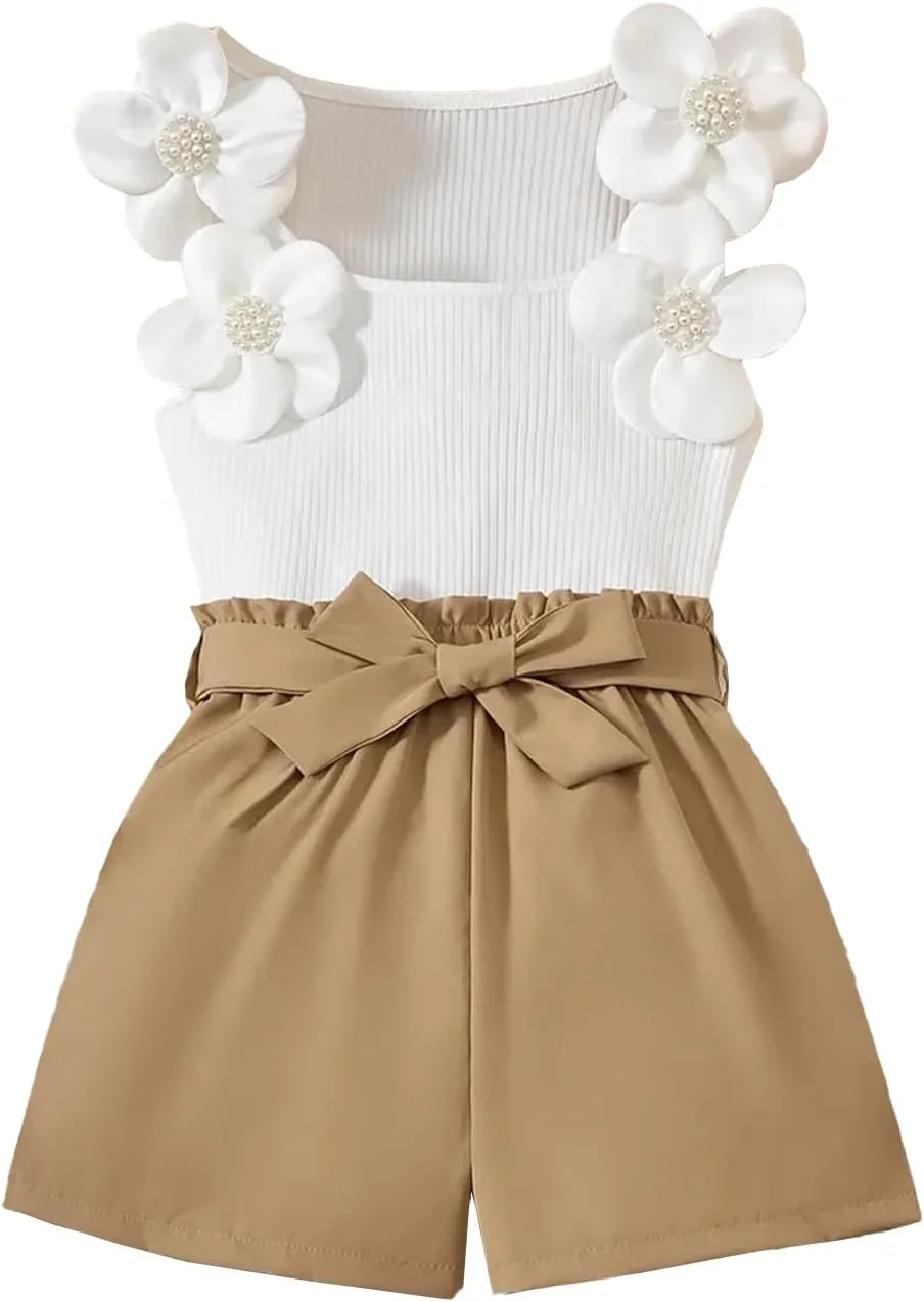 ست لباس تابستانی دخترانه، تاپ بدون آستین گلدار + شورت + کمربند، مناسب سایز 7 تا 12 سال