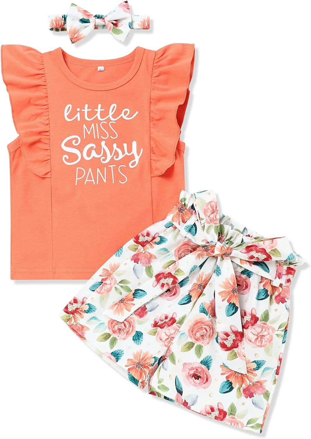 ست لباس تابستانی دخترانه شامل تاپ گلدار، شلوارک و هدبند