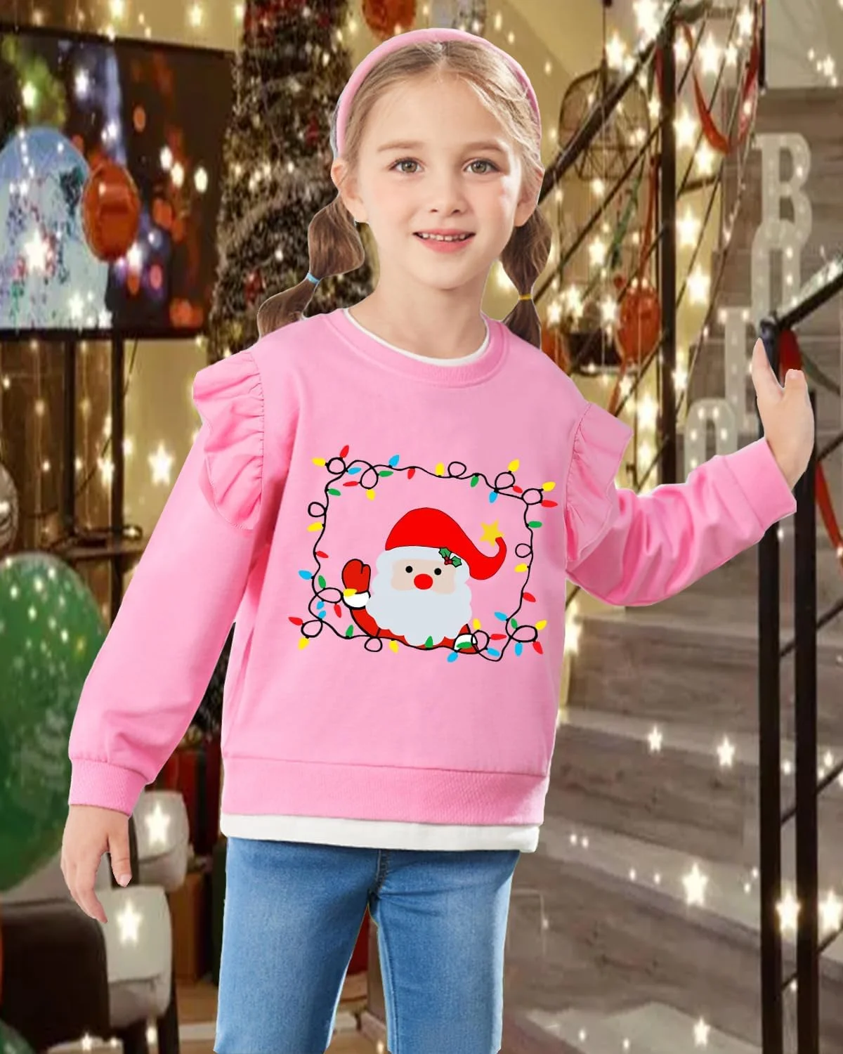 سویشرت دخترانه بچه گانه CM-Kid با آستین بلند چین دار طرح گوزن شمالی، آدم برفی و دایناسور، مناسب برای دختران 2 تا 7 سال