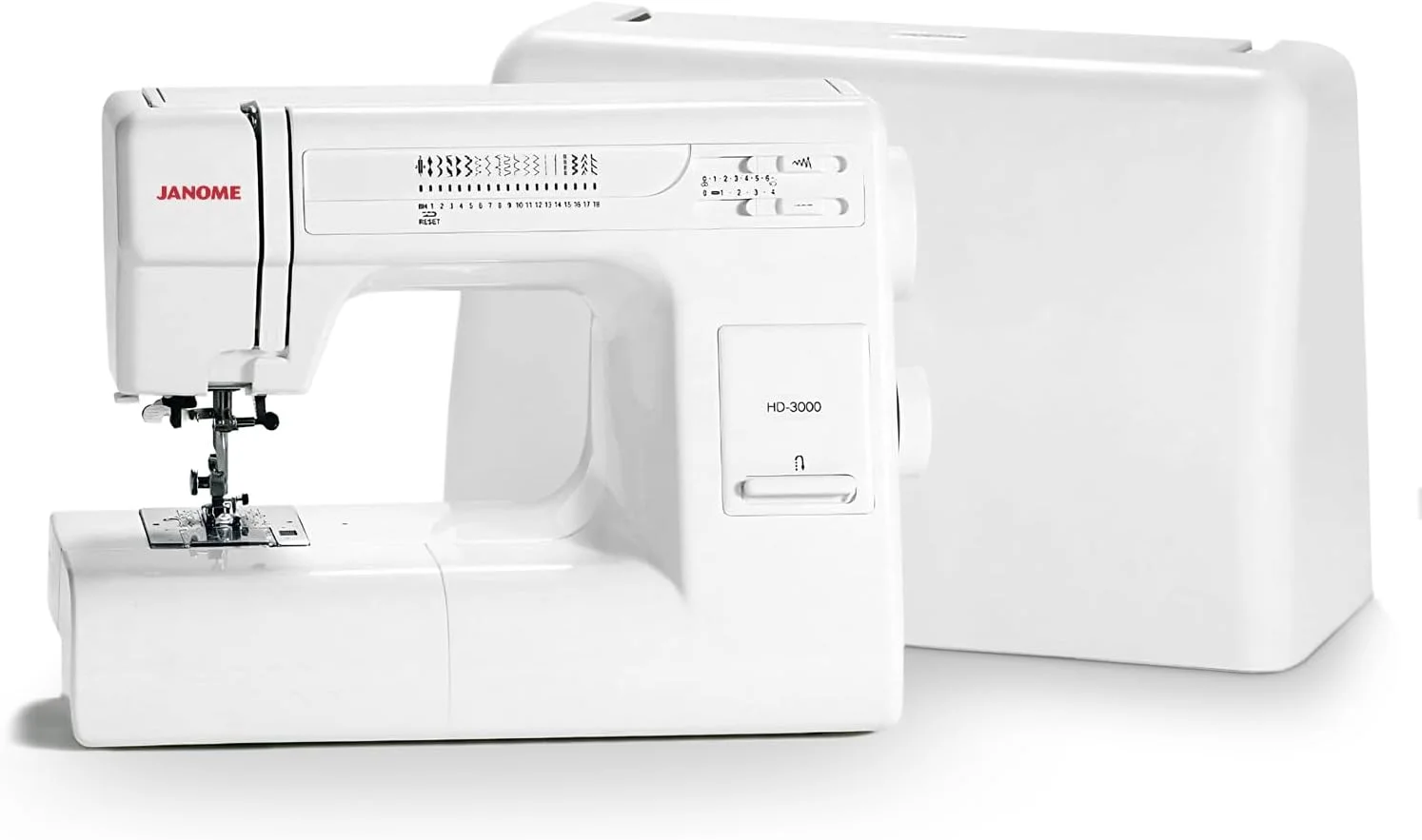 چرخ خیاطی مقاوم Janome HD3000 با جعبه سخت + پایه دوخت 1/4 اینچی + پایه پس دوزی + پایه سردوز + پایه لبه رول + پایه زیپ + پایه جادکمه + سوزن های چرم و یونیورسال + موارد دیگر!