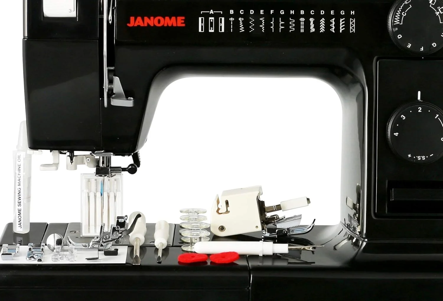چرخ خیاطی Janome HD1000 Black Edition با 14 مدل دوخت، جادکمه، سوزن نخ کن اتوماتیک و سیستم تغذیه پایین