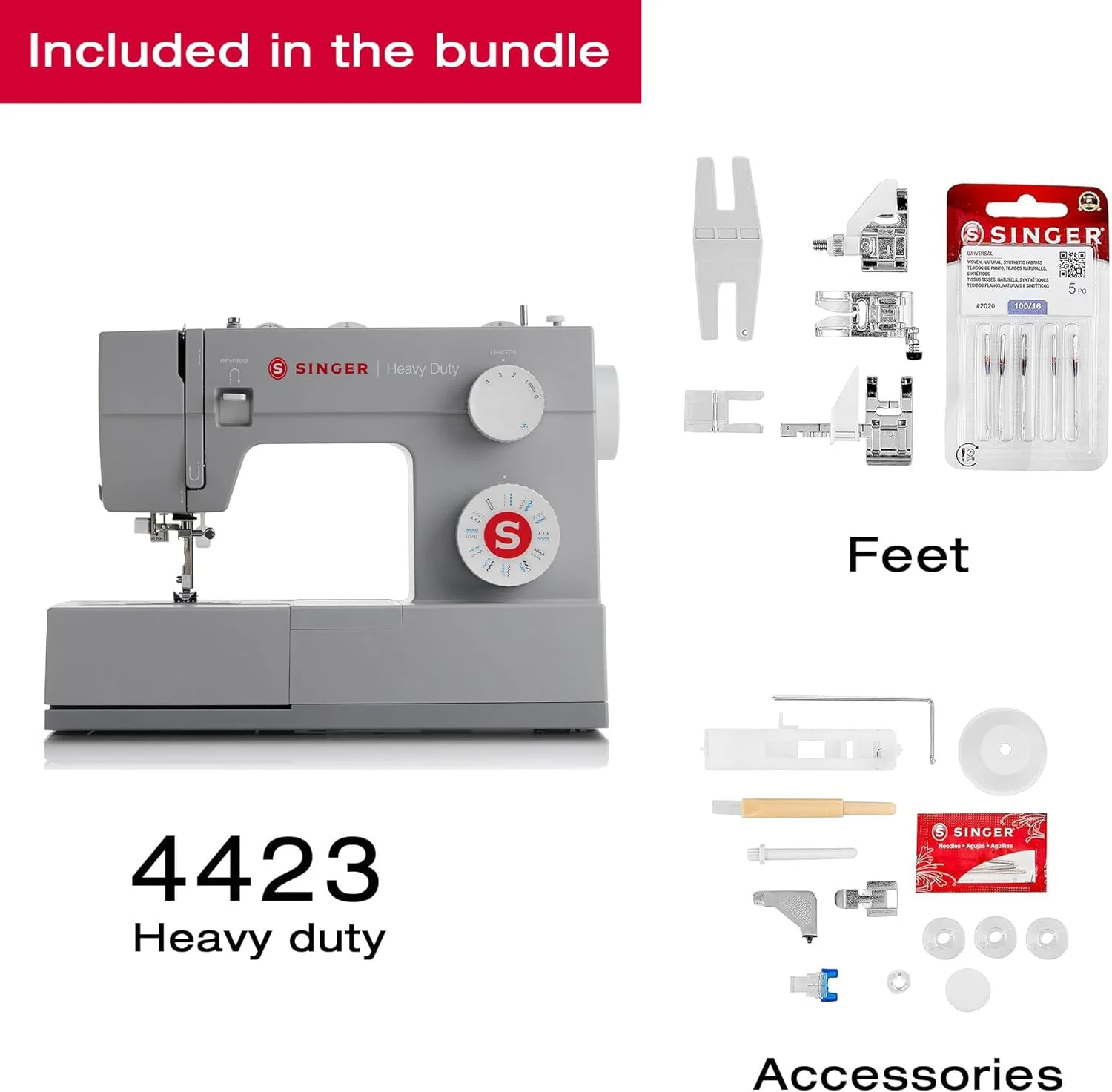 چرخ خیاطی سنگین SINGER مدل 4423 با سرعت بالا به همراه کیت لوازم جانبی | موتور قدرتمند با قدرت نفوذ بالا، 97 مدل دوخت، بدنه تمام فلزی، جادکمه 1 مرحله ای و چراغ LED