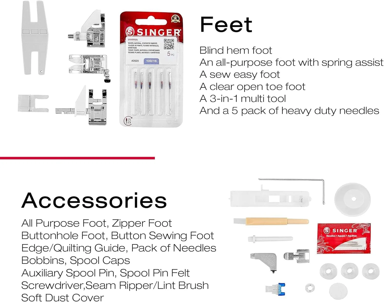 چرخ خیاطی سنگین SINGER مدل 4423 با سرعت بالا به همراه کیت لوازم جانبی | موتور قدرتمند با قدرت نفوذ بالا، 97 مدل دوخت، بدنه تمام فلزی، جادکمه 1 مرحله ای و چراغ LED
