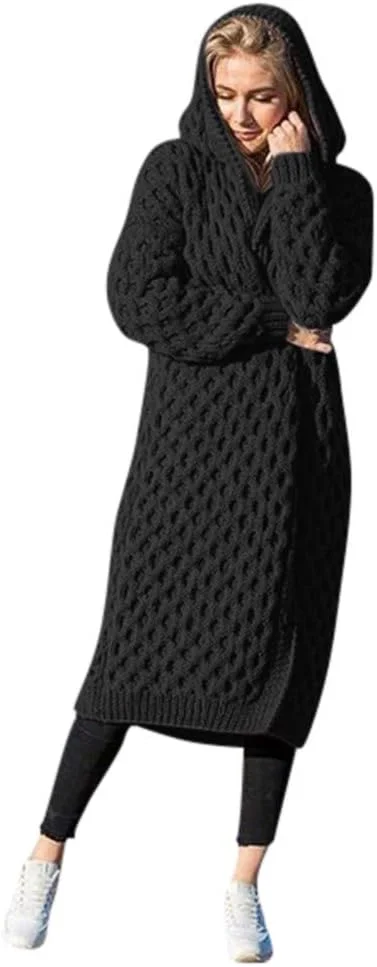 کت سویشرت کلاه دار زنانه، ژاکت بافتنی گرم زمستانی آستین بلند زنانه، XL، مشکی