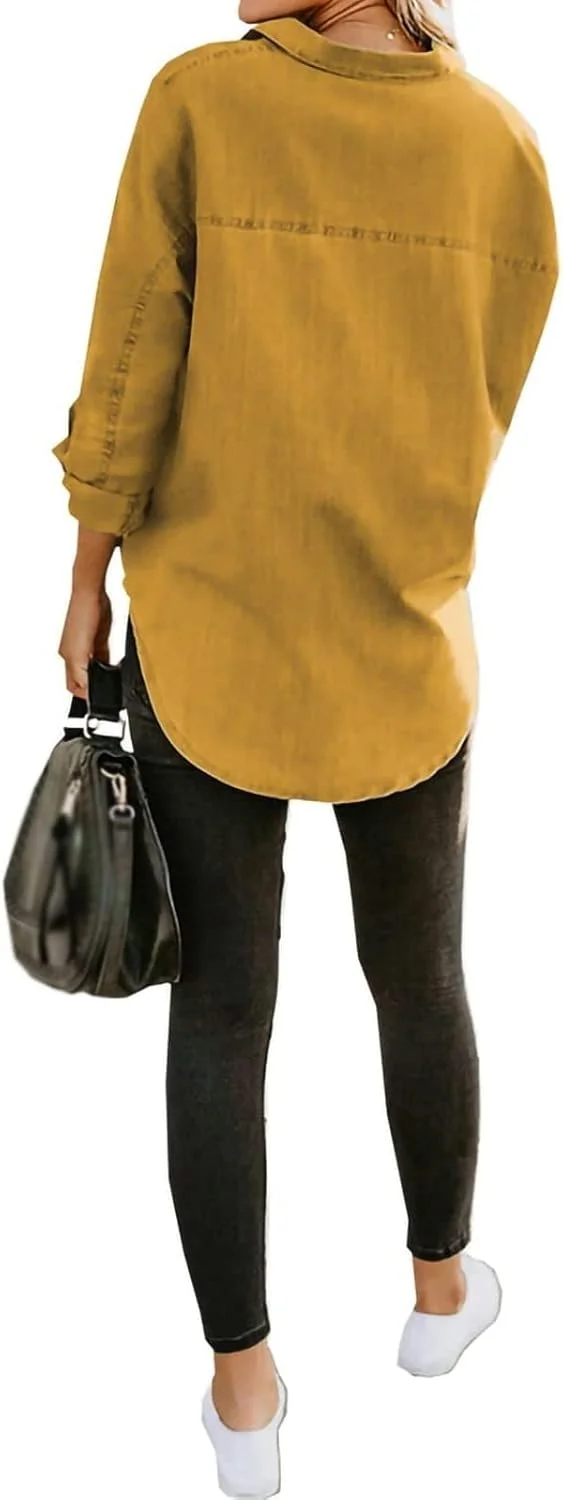 پیراهن جین زنانه HYMCX آستین بلند دکمه دار بلوز جین مد بهار پاییز ژاکت جین سبک وزن با جیب (رنگ: زرد، سایز: XXX-بزرگ)