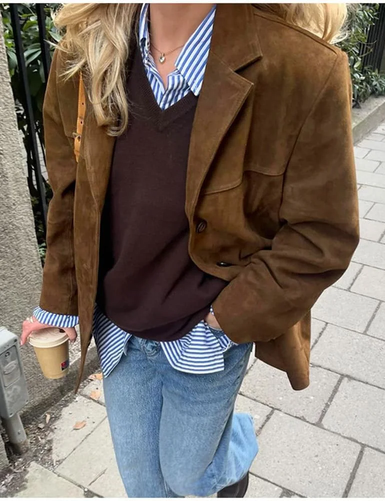 کت جیر زنانه IDEALSANXUN، مد پاییز و زمستان، کت بلیزر چرم مصنوعی بزرگ و غیر رسمی، کت ترنچ