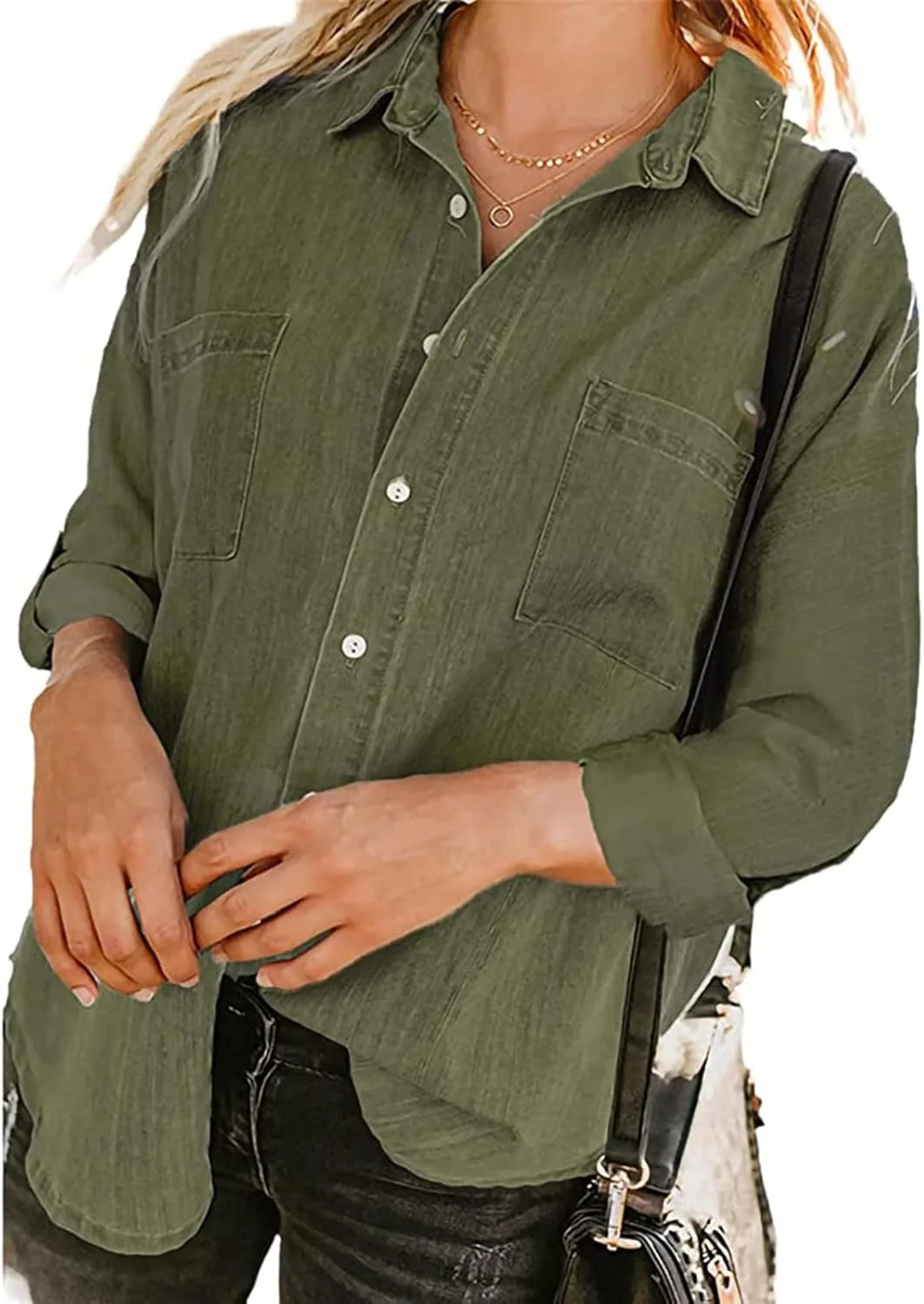 پیراهن جین زنانه HYMCX آستین بلند دکمه دار بلوز جین بهاره پاییزه ژاکت جین سبک وزن با جیب (رنگ: سبز ارتشی، سایز: بزرگ)