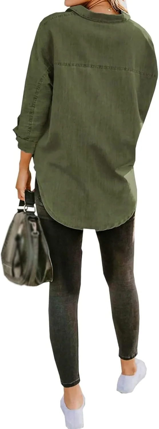 پیراهن جین زنانه HYMCX آستین بلند دکمه دار بلوز جین بهاره پاییزه ژاکت جین سبک وزن با جیب (رنگ: سبز ارتشی، سایز: بزرگ)