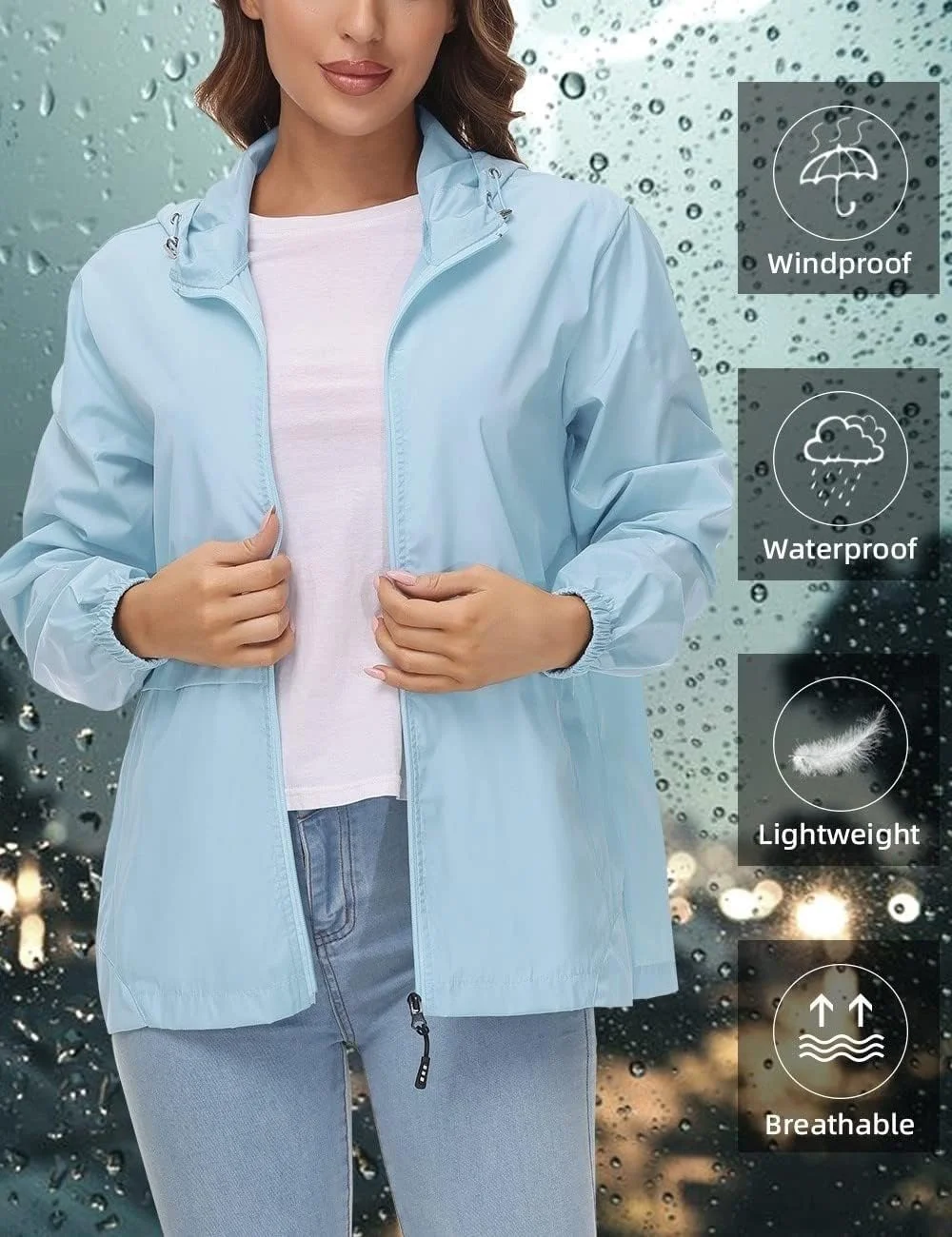 IECCP بارانی زنانه ضدآب و تنفسی با کلاه، بادگیر سبک وزن تاشو، ژاکت دوچرخه سواری، ژاکت فضای باز