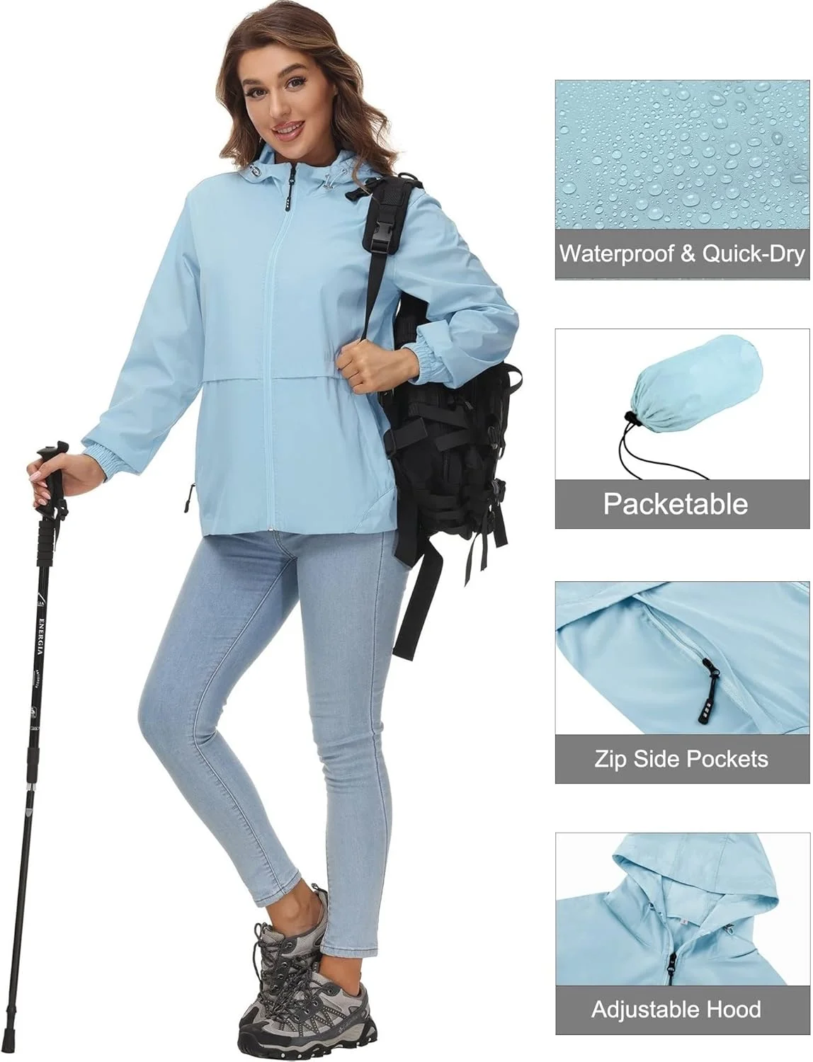 IECCP بارانی زنانه ضدآب و تنفسی با کلاه، بادگیر سبک وزن تاشو، ژاکت دوچرخه سواری، ژاکت فضای باز