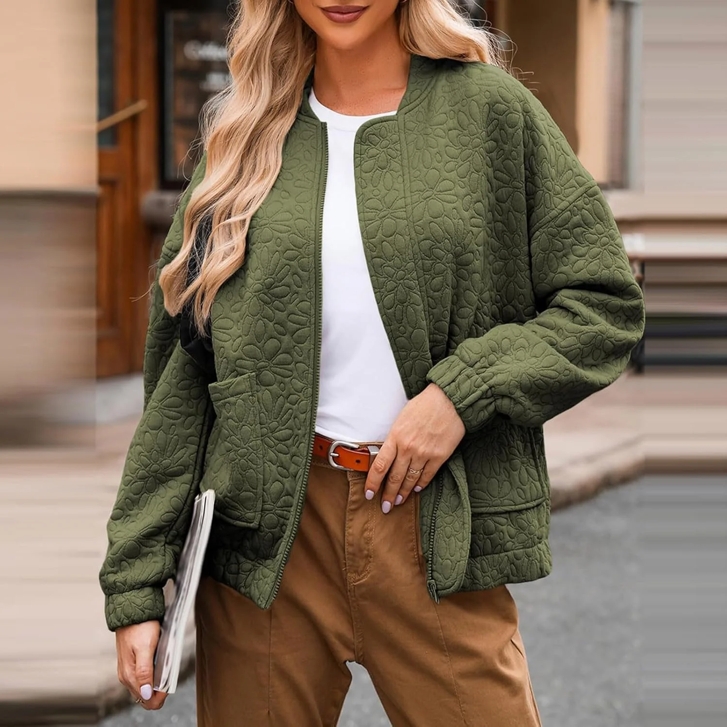 کت های زنانه، مد پاییز 2024، کت ژاکارد زیبا با جیب، کت های سبک وزن زیپ دار، لباس های غیر رسمی شیک، سبز ارتشی، L