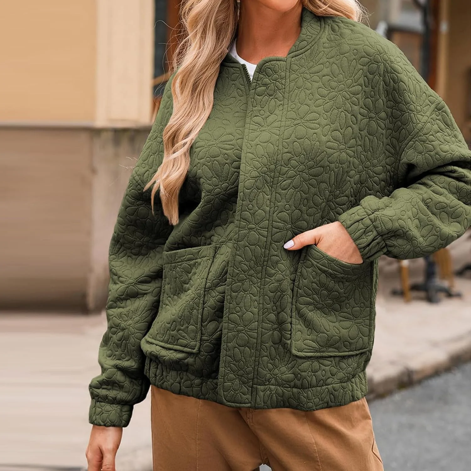 کت های زنانه، مد پاییز 2024، کت ژاکارد زیبا با جیب، کت های سبک وزن زیپ دار، لباس های غیر رسمی شیک، سبز ارتشی، L