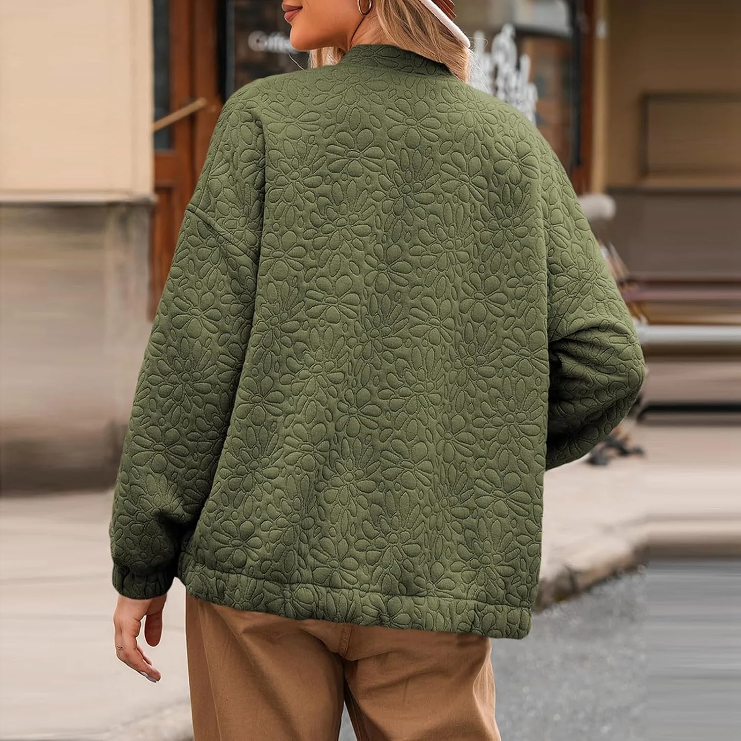 کت های زنانه، مد پاییز 2024، کت ژاکارد زیبا با جیب، کت های سبک وزن زیپ دار، لباس های غیر رسمی شیک، سبز ارتشی، L