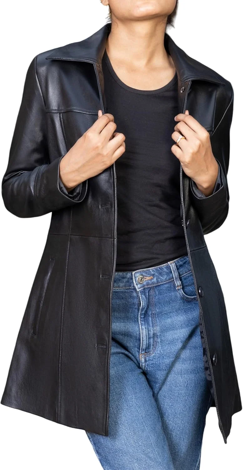 کت چرم زنانه مدل Jild، کت بلند چرمی با استایل بلیزر سه ربع