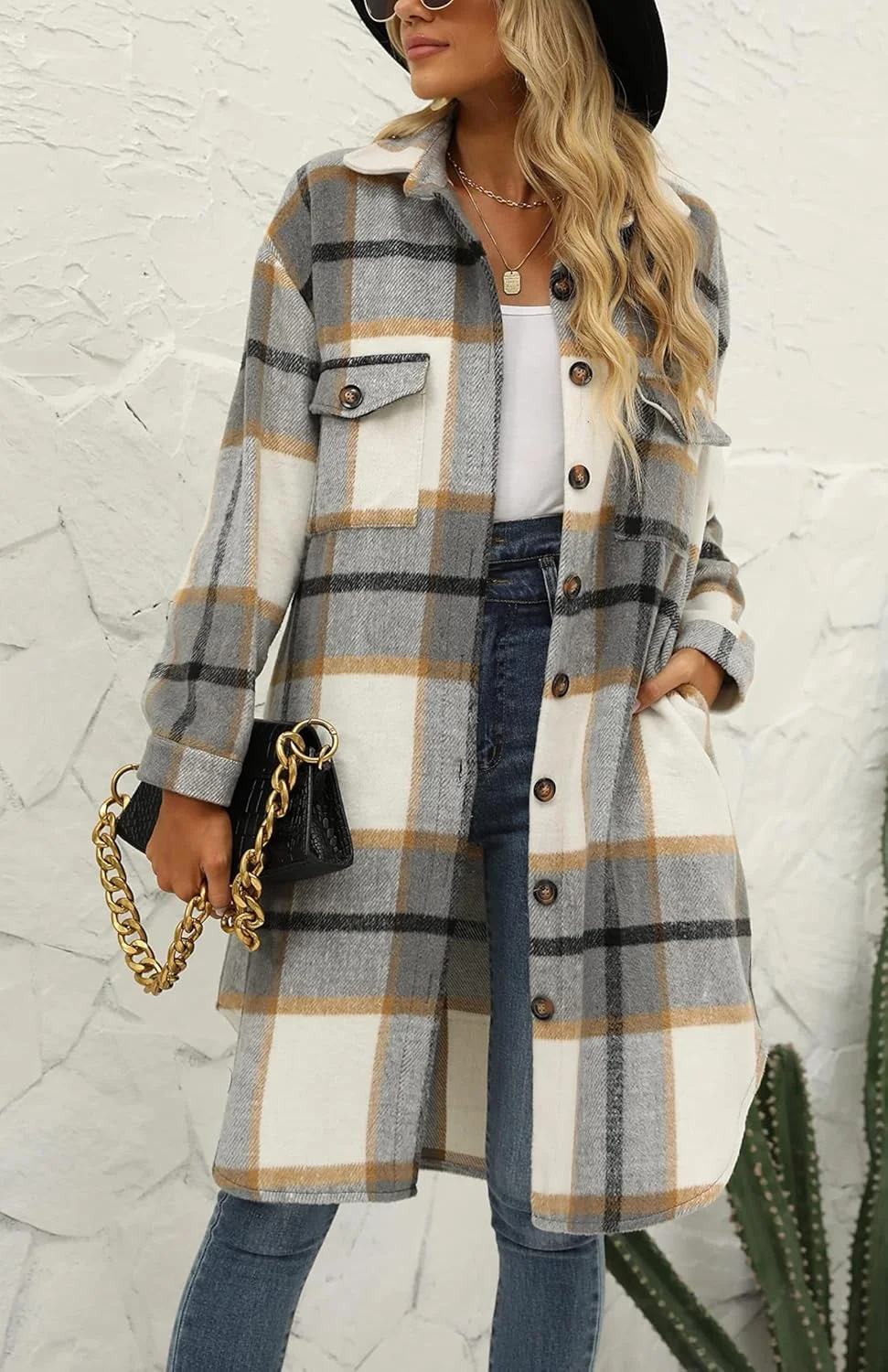 کت پشمی چهارخانه زنانه، آستین بلند، یقه برگردان، دکمه دار، طرح چهارخانه، کت بلند نخی