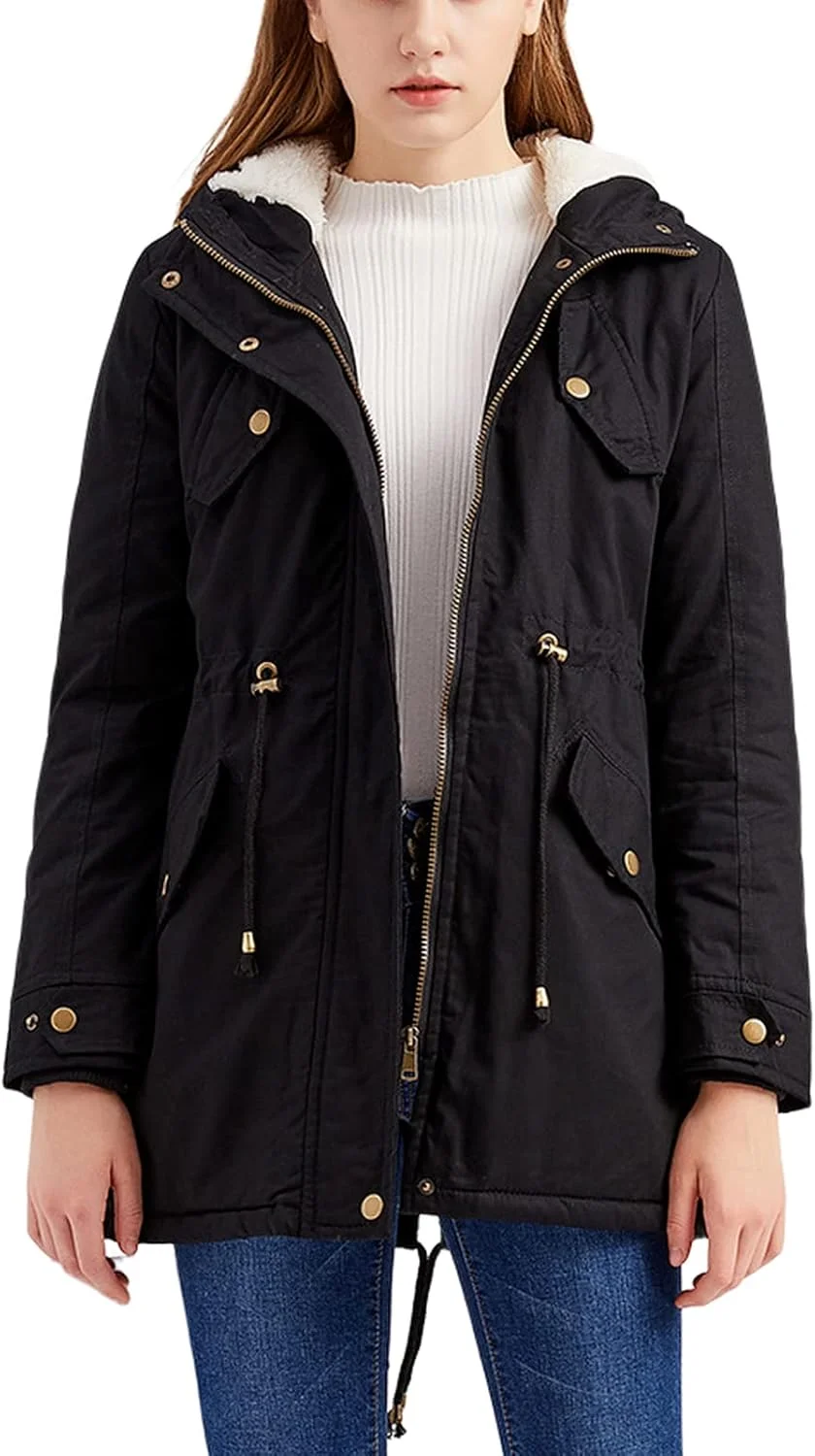 کاپشن زمستانی زنانه KEAIDO با آستر پشمی، کلاه دار، ضخیم، گرم، مدل پارکا، کت کوتاه پفی با جیب، لباس بیرونی پنبه ای Sherpa، مشکی، سایز S