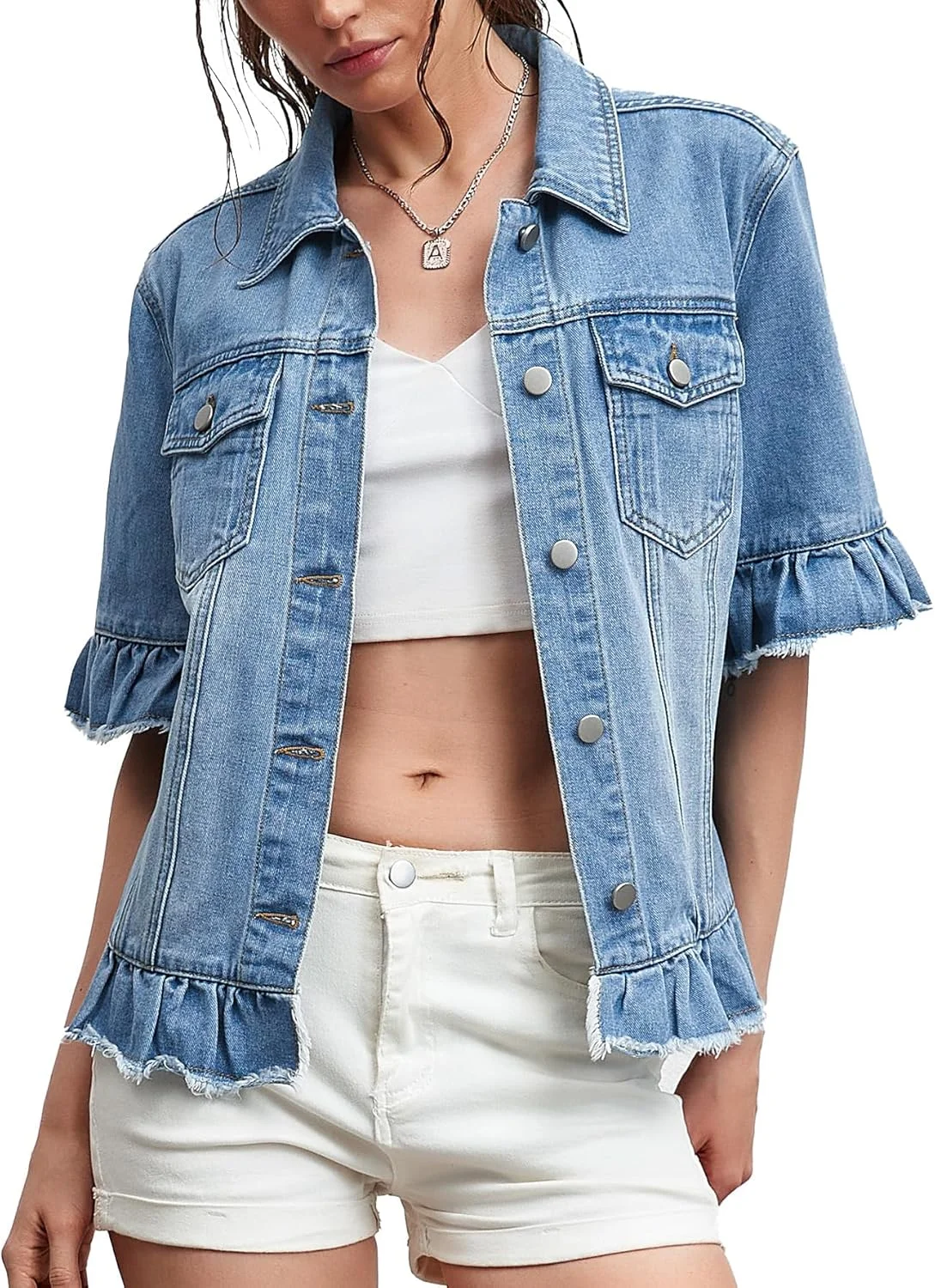 کت جین آستین کوتاه زنانه Kedera، ژاکت سبک وزن جین آبی، تاپ تابستانی با آستین چین دار
